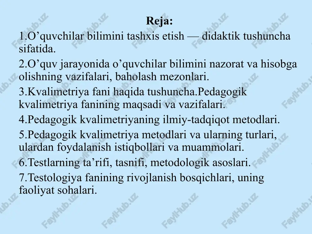 ligi, pedagogning barcha ta’lim oluvchilarga do`stona munosabati hamda bilim, malakalarni baholashning aniq ko`rinishda belgilangan mezonlaridan iborat. amalda tashxisning xolisligi qo`yilgan baholar nazorat metodlari va vositalaridan, tashhis o`tkazgan o`qituvchidan qat’iy nazar xamma vaqt mos kelishini anglatadi. tizimlilik (sistemalilik) tamoyilining talabi shundan iboratki, tashhislash nazoratini ta’lim jarayonining barcha bosqchlarida bilimlarni boshlang`ich idrok etishdan to amalda qo`llashgacha bo`lgan bosqchlarida olib borish kerak.tizimlilik barcha ta’lim oluvchilar o`quv muassasida bo`lgan birinchi kundan boshlab oxirigacha muntazam tashhisga jalb etilishini anglatadi. ta’lim oluvchining bilimi va egallashi lozim bo`lgan barcha jihatlarni ishonchli tekshirish uchun ta’lim nazoratini tez-tez o`tkazish kerak. tizimlilik tamoyili tashhis o`tkazishga bir butun yondashuvni talab etadiki, bunda nazorat, tekshirish, baholashning turli shakllari, metodlari, vositalari uzviy o`zaro bog`liqlikda va birlikda qo`llaniladi, bir maqsadga xizmat qiladi. bu kabi yondashuv tashxisning ayrim metodlari va vositala-rini mutloqlashtirishga yo`l qo`ymaydi. ko`rgazmalilik (oshkoralik) tamoyili avvalo barcha ta’lim oluvchilarni aynan bir hil mezonlar bo`ycha ochiq sinovdan o`tkazishni anglatadi. tashhis jarayonida belgilanadigan har bir …