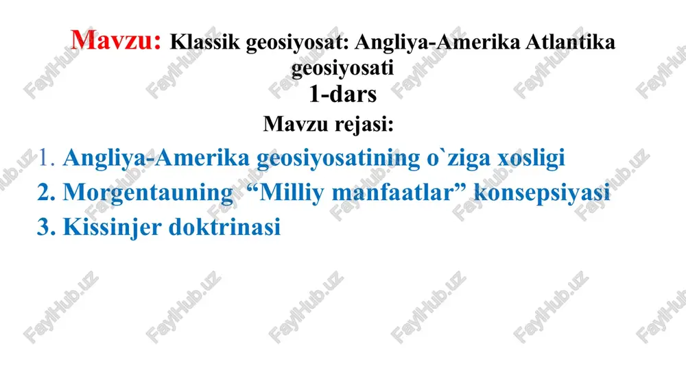 atlari sanoatini modernizatsiya qilish, kommunistlarni kuch tuzilmalaridan siqib chiqarish va butun yevropani rivojlantirish edi. jorj marshall 1947-yil 5-iyunda garvard universitetida yordam dasturi haqida nutq soʻzladi. 12-iyul kuni gʻarbiy yevropaning 16 davlati vakillari parijda yigʻildi. aqsh “talassokratiya” yo‘li (ya’ni ingliz-sakson “dengiz kuchi” geosiyosiy maktabi) rasmiy geosiyosiy tadqiqotlar markazida bo‘lgan bir chog‘da yevropa geosiyosati, ayniqsa, uning nemis “tellurokratiya” kontinental maktabi jiddiy zarba olib, amalda 50-yillarning oxiriga qadar faoliyat ko‘rsatmadi. butun jahonda aqshning kuch-qudrati va ulug‘vorligining tan olinishi geosiyosiy munosabatlarning potsdam (1945) bosqichidan boshlandi. 1945 yilda aqsh harbiy, iqtisodiy va moliyaviy jihatdan eng kuchli davlatga aylanib ulgurgan edi. "talassokratiya" – lotincha "talasso“ “dengiz" va "kuch" + qadimgi yunoncha “krītos” "kuch"; "quruqlik") bu boshqaruv shaklining kichik turi bo'lib, u yer egaliklarining tanqisligiga asoslanadi va dengiz maydoni bilan chambarchas bog'liqdir. “tellurokratiya” (lotincha tellūris, tellūs "yer, mamlakat" + qadimgi yunoncha krītos "kuch"; "quruqlik") - qit'a makonlarining rivojlanishi, qo'shilish istagi (shu jumladan, qo'shilish) bilan aniq bog'liq bo'lgan …