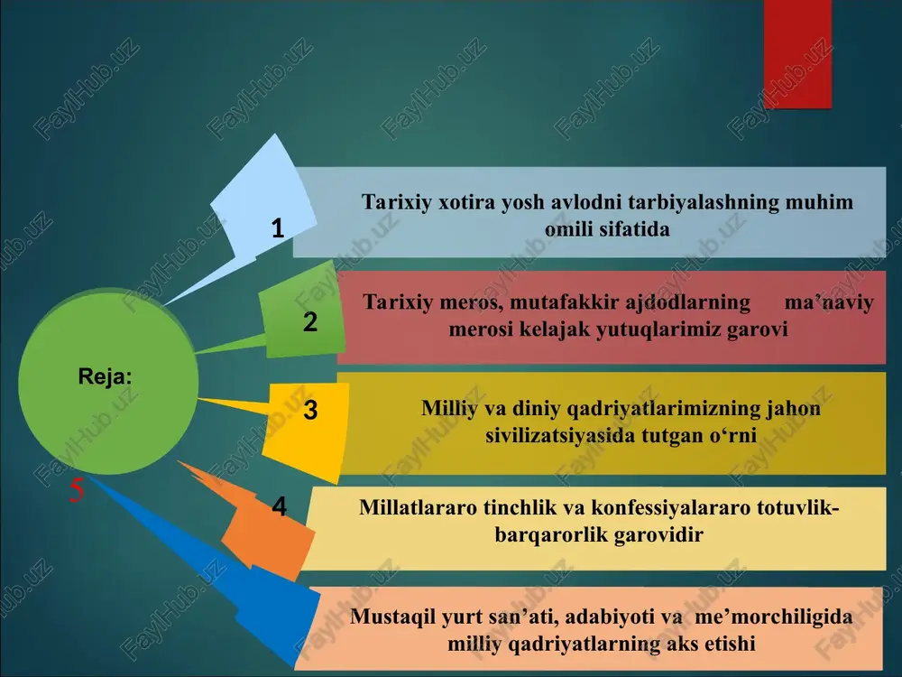 , o‘zbek adabiyoti milliy adabiyot sifatida kamol topa boshladi. sharqning buyuk musavviri kamoliddin behzod tavalludining 545 yilligi yunesko qaroriga binoan xalqaro miqyosda toshkentda o‘tkazildi. 1991 yili buyuk alloma, g‘azal mulkining sultoni alisher navoiy yubileyini o‘tkazish katta voqea bo‘ldi. 1994 yil mirzo ulug‘bek tavallud topgan kunining 600 yilligi keng ko‘lamda, jahon miqyosida nishonlandi. yuneskoning parijdagi qarorgohida yubileyga bag‘ishlangan haftalik o‘tkazildi. mustaqillik yillarida buyuk sohibqiron amir temurning 660 yilligi bo‘lib o‘tdi. yunesko tomonidan 1996 yil «amir temur yili» deb e’lon qilindi. o‘zbekiston respublikasining birinchi prezidenti islom karimov tashabbusi bilan 1999 yil toshkentda markaziy osiyodagi birinchi islom universiteti ochildi. mamlakatimizda 10 ta diniy ta’lim muassasasi, jumladan, toshkent islom instituti, 9 ta o‘rta maxsus o‘quv yurti faoliyat ko‘rsatmoqda. ularning ikkitasi xotin-qizlar o‘quv muassasasidir. shuningdek, islom konferensiyasi tashkilotining tuzilmalaridan biri bo‘lgan ta’lim, fan va madaniyat masalalari bo‘yicha xalqaro islom tashkiloti (isesco) tomonidan toshkent shahrining 2007 yilda islom madaniyati poytaxti deb e’lon qilinishi o‘zbekiston, xususan uning …