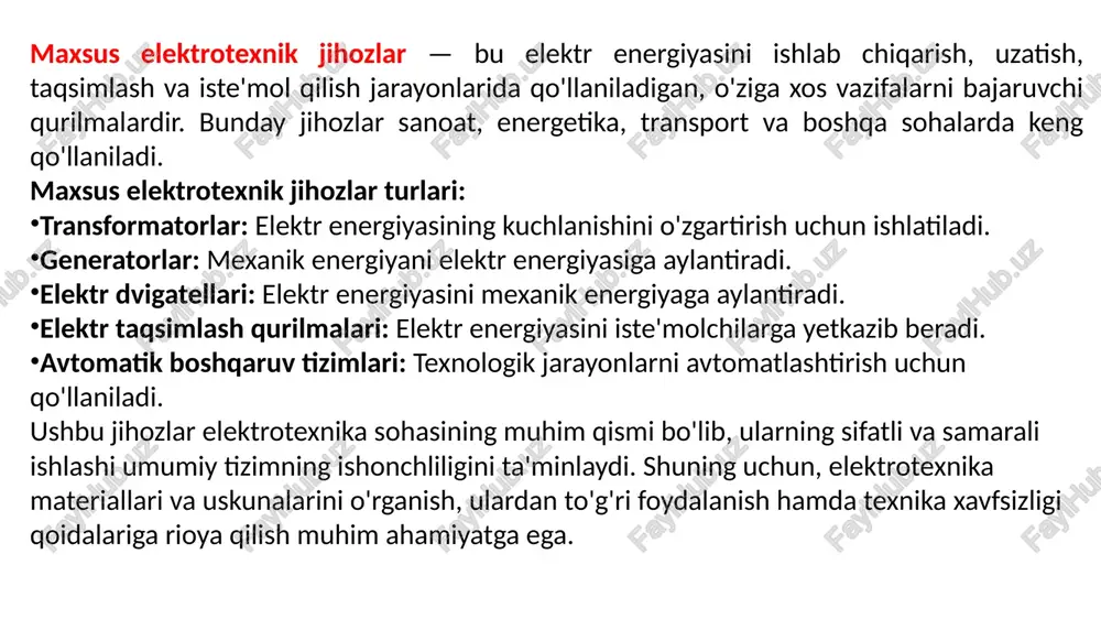 boratoriya elektrotexnik jihozlari: elektr signalini o'rganish va tadqiq qilish uchun foydalaniladigan maxsus asboblar. radiatsiya detektorlari: radiatsiya darajasini o'lchash va monitoring qilish uchun ishlatiladi, bu tibbiyot va yadro sanoatida qo'llanadi. bu kabi jihozlar aniq maqsadlar va qo'llanilish joylariga qarab ishlab chiqariladi, va ko'pincha maxsus parametrlar va xavfsizlik talablariga mos kelishi talab etiladi. elektromagnit sinov uskunalari: transformatorlar o'lchov va nazorat jihozlari stabilizatorlar va invertorlar radiatsiya detektorlari: maxsus elektrotexnik qurilmalarni o‘rganish turli elektrotexnik asbob-uskunalar va priborlarni ishlab chiqish, ishlatish va ularga xizmat ko‘rsatish bilan bog‘liq bo‘lgan keng ko‘lamli mavzularni qamrab oladi. ushbu qurilmalar elektr oqimlarini boshqarish, xavfsizlikni ta’minlash, jarayonlarni avtomatlashtirish, shuningdek, qisqa tutashuvlar, ortiqcha yuklamalar va boshqa favqulodda vaziyatlardan himoya qilish uchun ishlatiladi. ushbu tadqiqot doirasida ham nazariy, ham amaliy jihatlar ko‘rib chiqiladi. kursga kiritilgan asosiy mavzular: transformatorlar - tuzilishi, ishlash prinsipi, transformator turlari (kuch, o‘lchovl, maxsus) va ulardan foydalanish. elektr mashinalar - generatorlar, dvigatellar va elektr energiyani mexanik energiyaga va aksincha aylantiruvchi …