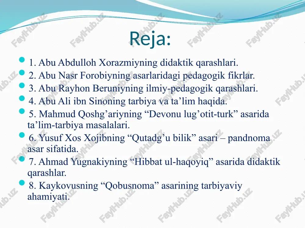 yning didaktik qarashlari abu nasr forobiyning asarlaridagi pedagogik fikrlar abu nasr forobiy (873-950) asarlari: «baxt-saodatga erishuv to’g’risida», «fozil odamlar shahri», «aql ma’nolari haqida», «shaharni o’rganish haqida» va boshqalar. pedagogik qarashlari: forobiy birinchi bo’lib ta’lim va tarbiyaga ta’rif bergan olimdir: ta’lim – so’z va o’rganish bilangina amalga oshiriladi. tarbiya – esa amaliyot, ish-tajriba bilan amalga oshiriladi. ta’lim-tarbiya ikki yo’l bilan amalga oshiriladi: qanoatbaxsh, ilxomlantiruvchi so’zlar va majbur etish. har kimki ilm, hikmatni desa, uni yoshligidan boshlasin, so’zining ustidan chiqsin, yomon ishlardan saqlanadigan bo’lsin, hiyonat, makr va hiylalardan uzoq bo’lsin, diyonatli bo’lsin, ilm va ahli ilmdan mol-dunyosini ayamasin. inson yaxshi tarbiya ko’rmagan va turmushda yaxshi tajriba orttirmagan bo’lsa, u ko’p narsalarni nazarga ilmay va ulardan jirkanadi. bunday narsalar unga noo’rin bo’lib ko’ringan narsalar zaruriy bo’lib chiqadi. abu nasr forobiyning asarlaridagi pedagogik fikrlar abu rayhon beruniyning ilmiy-pedagogik qarashlari abu rayhon beruniy (973-1048) asarlari: «minerologiya», «geodeziya», «hindiston», «qadimgi xalqlardan qolgan yodgorliklar», «saydana» va boshqalar. …