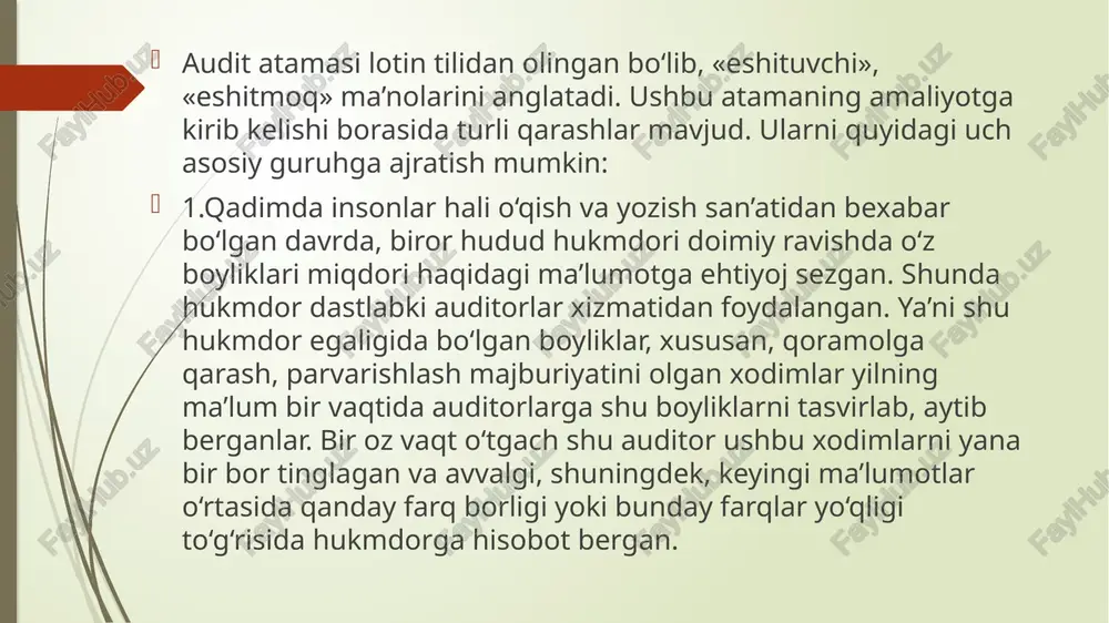 miylik shundan iboratki, yuqoridagi holatlarning har birida auditor: ‒ jamoatchilik ishonchini qozongan; ‒ o‘zining ma’lum bir qobiliyati, bilimi bilan o‘zgalardan ajralib turgan; ‒ jamiyat farovonligi, rivoji yo‘lida xizmat qilgan shaxs sifatida namoyon bo‘ladi. shu o‘rinda, ushbu sohaning xxi asrga qadar yetib kelishiga asosiy sabab nimada, degan haqli savol yuzaga kelishi mumkin. bunga sabab – jamiyatning audit sohasiga ehtiyojidir. jamiyat ehtiyoji bo‘lmaganda edi, audit shunday uzoq rivojlanish bosqichini bosib o‘tmagan bo‘lar edi. jamiyat tomonidan bu sohaga ehtiyojning yuzaga kelishidagi asosiy omil esa jamiyatning ishonchli moliyaviy axborotga ehtiyojidir. auditorlik faoliyatining maqsadi va vazifalari audit va auditorlik faoliyatiga shu sohaga oid turli adabiyotlar va professional tashkilotlar tomonidan turlicha ta’riflar keltirilgan. xususan, rossiya federatsiyasi «auditorlik faoliyati to‘g‘risidagi qonuni»da «audit – belgilangan tartibda jalb etilgan auditor tomonidan, tashkilot buxgalteriya hisobotlarining to‘g‘riligi yuzasidan o‘z fikrini bildirishi maqsadida, shu tashkilot buxgalteriya ma’lumotlarini mustaqil ravishda o‘rganishdir» deyilgan. audit sohasida sermahsul ilmiy izlanish olib borayotgan bir qator rus mutaxassislari …