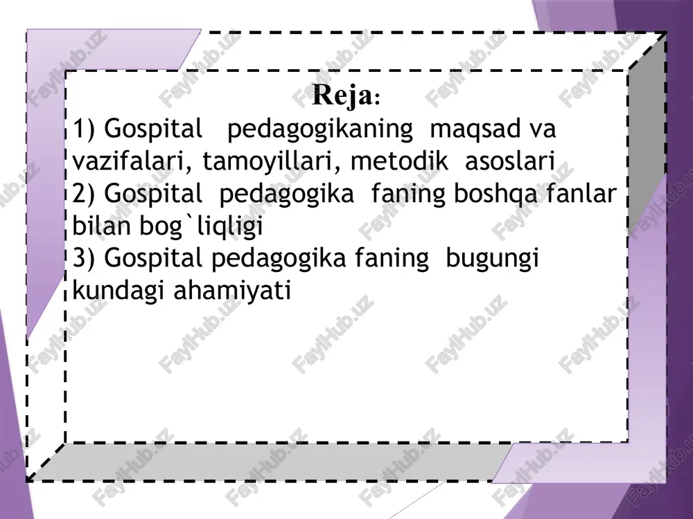 ar ham yaratib berilmoqda. buning isbotini “bolalar gematologiyasi, onkologiyasi va klinik immunologiyasi markazida davolanayotgan bolalar uchun maktabgacha ta’lim va tarbiya hamda umumiy o‘rta ta’lim berish tizimini joriy qilish chora-tadbirlari to‘g‘risida”gi hukumat qarori hamda uning ijrosi timsolida ko‘rish mumkin. gospital pedagogika faning boshqa fanlar bilan bog`liqligi darslar o‘quvchining umumiy holatidan kelib chiqib, yakka(individula) tartibda yoki guruh(sinf)da tashkil qilinadiboshlang‘ich 1 sinflarda 1-yarim yillikda alifbe,yozuv, matematika, tabiiy fan va ingliz tili, 2-yarim yillikda esa ona tili va o‘qish savodxonligi matematika, tabiiy fan, rus tili hamda ingliz tili fanlari o‘tiladi. 2-3-sinflarda ham ona tili va o‘qish savodxonligi matematika, tabiiy fan, rus tili hamda ingliz tili fanlari o‘tiladi.4-sinflarda esa ona tili, matematika, rus tili ingliz tili va tabiatshunoslik fanlari o‘tiladi. darsning rejasi har bir o‘quvchining imkoniyat va qobiliyatlariga moslashtirilgan holda, individual tarzda tuziladi. baholashda birinchi o‘ringa o‘quvchining umumiy holati, shaxsiy sifatlari, ko‘nikmalari, ya’ni tanqidiy fikrlash, jamoa oldida ma’ruza qila olish, jamoada ishlay olish, liderlik, savodxonlik …