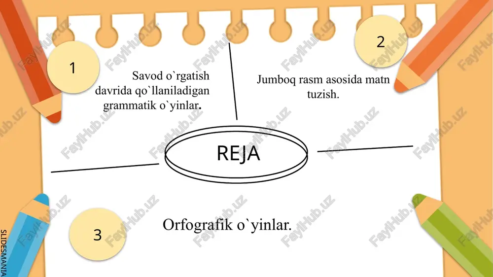 ngsiz ekanligini anglab olish imkonini beradi. bu o`z navbatida to`g`ri yozishda qo`l keladi. shuningdek bu sinflarda bo`g`in va uning turlari, urg`uli va urg`usiz bo`g`inlar, tovushlarning bir-biriga ta`siri haqida amaliy bilim oladi. bularning barchasini o`zlashtirib olish bir qator murakkabliklar tug`diradi. shu tufayli boshlang`ich sinflarda fonetikaga oid didaktik o`yinlardan foydalanish qo`l keladi. slidesmania.com “ so`z tuzish “ o`yini. o`yin savod o`rgatish davrida o`tkaziladi . bu o`yinlarni bajarish o`quvchilarga tovushning so`z hosil qilishidagi ahamiyatini to`laroq tushunib olish imkonini beradi. o`quvchilar ushbu o`yinda ishtirok etar ekan, so`zlarning turli- tuman usullar bilan hosil bo`lishi katta qiziqish uyg`otadi. o`zlari hosil qilgan yangi so`zlardan bevosita zavq olishga muvaffaq bo`ladi. so`z tuzish o`yini savod o`rgatishning tarkib –tahrir (analitik –sintetik) tovush metodi asosida bajariladi. ushbu metodning ikkinchi qismi tuzish ,qurish ,birlashtirish singari ma`nolarni bildiradi. so`z tuzish o`yini ham aynan so`zga hilma-hil tovushlarni, bo`g`inlarni qo`shish orqali hosil bo`ladi. bu o`yinni bajarishda so`zga turli hil usullar bilan tovush qo`shib yangi so`z …