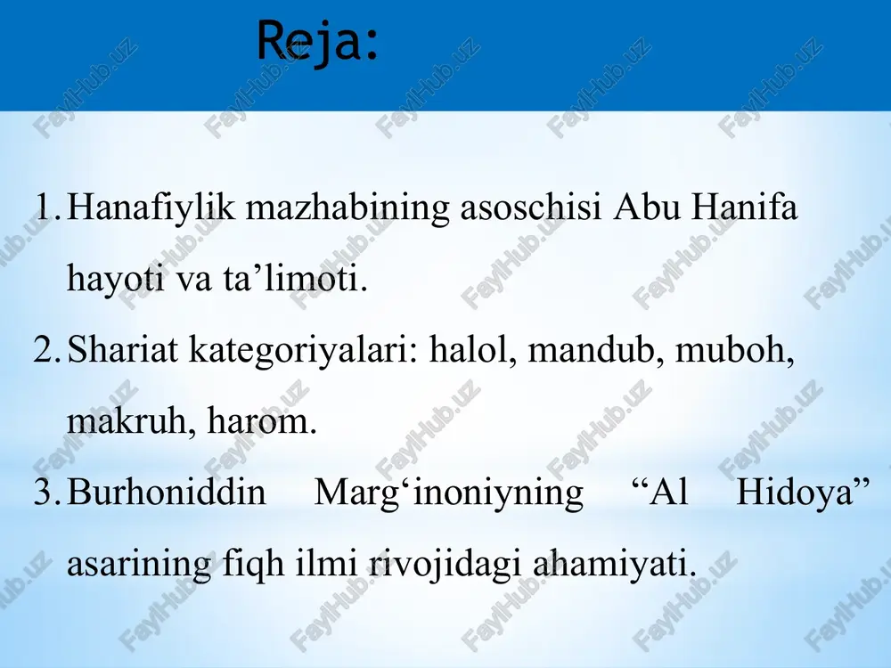 tanlashga intiladi. hanafiya mazhabiga sunniylarning 1/3 e’tiqod qiladilar molikiya mazhabiga malik ibn onas (713–795) asos solgan va muhammad alayhissalom hayotligi davrida vujudga keltirilgan diniy huquqiy tartibotga asoslanadi. molikiya mazhabi qur’on va sunnatni aqlga asoslanib (ratsional) talqin qilishga qarshilik qilsa ham, qiyosni ijtimoiy hayotda qo‘llashni to‘liq inkor etmaydi. hozirda ushbu mazhabning tunis, jazoir, marokash singari davlatlarda tarafdorlari bor shofi’iy mazhabiga imom ash-shofi’iy (767–820) asos solgan. shafi’iy mazhabi hanafiya va molikiya mazhablarini o‘zaro murosaga keltirish tarafdori. u diniy mafkurasiga ko‘ra, qiyos va ijmo (birdamlik, yakdillik bilan qabul qilingan qaror)larni ijtimoiy hayotda qo‘llashda cheklashga yo‘l qo‘yganligi uchun molikiya maktabiga yaqin turadi. shofi’y mazhabi hozirda suriya, misr, sharqiy afrika mamlakatlarining ba’zilarida va janubiy arabiston davlatlarida saqlanib qolgan; hanbaliya mazhabiga imom ibn hanbal (780–755) asos solgan. ushbu mazhab ijtimoiy hayot masalalarini hal etishda faqat qur’on va sunnat qoidalariga asoslanib qaror chiqarish tarafdori hamda qiyos va ijmolarni qo‘llashda faqat sahobalarning birgalikdagi maslahati bilan qabul qilingan hukmlarni …