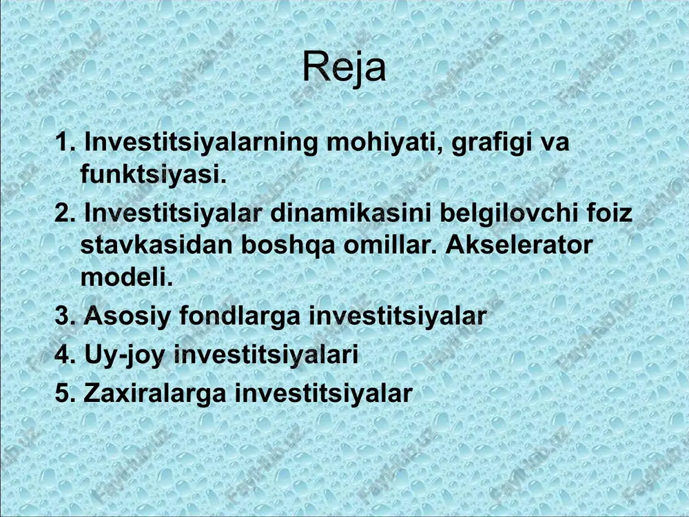 ko’rsatadi. avtonom invstitsiya funktsiyasi quyidagi ko’rinishga ega: i = e - dr bu erda: i – avtonom investitsiya xarajatlari; e – foiz stavkasi 0 ga teng to’lgandagi investitsiya xarajatlarining maksimal hajmi. u tashqi iqtisodiy omillar, resurs imkoniyatldari, er, foydali qazilma boyliklari va boshqalar bilan belgilanadi; r – real foiz stavkasi; d – investitsiyalarning real foiz stavkasi dinamikasi o’zgarishga ta’sirchanligini miqdoriy belgilovchi empirik koeffitsient. 2. investitsiyalar dinamikasini belgilovchi foiz stavkasidan boshqa omillar. akselerator modeli. investitsiyalar dinamikasini belgilovchi eng muhim omillardan biri bo’lib kutilayotgan sof foyda normasi hisoblanadi. agar real foiz stavkasi bilan investitsiya xarajatlari miqdori o’rtasida teskari bog’liqlik bo’lsa, kutilayotgan sof foyda normasi (ksfn) dinamikasi bilan investitsiya xarajatlari o’rtasida to’g’ri bog’liqlik bor. agarda kutilayotgan foyda me’yori foiz stavkasidan yuqori bo’lsa, investitsiyalash foydali va aksincha, foiz stavkasi kutilayotgan foyda miqdoridan yuqori bo’lsa, investitsiyalash foydali bo’lmay qoladi. investitsiya xarajatlarining eng katta qismi, ya’ni deyarli to’rtdan uch qismi, asosiy fondlarga investitsiyalar hissasiga to’g’ri keladi. …