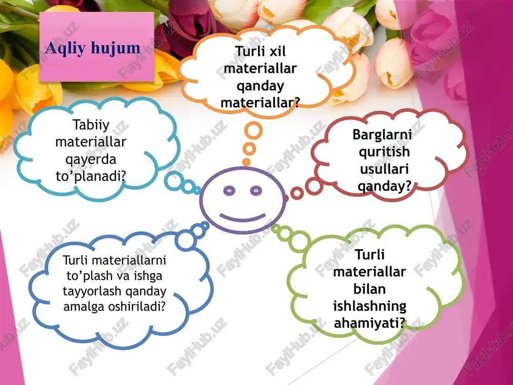 laydilar. tabiiy materillarni to‘plash jarayonida o‘quvchilar atrofdagi o‘simliklar dunyosi, hasharotlar bilan tanishadilar, daraxtlar, gullar navlarini, nomlarini, shakllarini, tabiiy materiallarni qachon va qanday to‘plash va qanday saqlash lozimligini bilib oladilar. tabiatni qo‘riqlash va unga ehtiyotkorona munosabatda bo‘lish, uni asrash masalalariga alohida e’tibor berish har bir o‘quvchining burchidir. texnologiya ta’limi darslarida tabiiy materiallardan: quritilgan barglar, gullar, poliz ekinlari – qovun, tarvuz, qovoq urug‘lari, mevalar – olcha, o‘rik, shaftoli danaklari va shu kabilar, baliq tangalari va qanotlari, jo‘xori va makkajo‘xori so‘talari, paxta chanog‘i, yong‘oq po‘sti va shu kabilardan keng foydalaniladi. tabiiy materillarni to‘playotgan har bir o‘quvchi tabiiy materiallarni tartibli yig‘ish va tayyorlash lozimligini bilishi, barg to‘plash jarayonida daraxtlar, butalar shoxini qo‘pollik bilan sindirish, gul va shu kabilarni o‘ylamasdan uzish tabiatga nisbatan vahshiylik ekanligini yodda tutishi lozim. 5 gullarni qo‘l bilan sindirib bo‘lmaydi, aks holda poyasi zararlanishi mumkin. o‘simliklarni to‘plashda gazeta, gerbariy papkasi, qaychi, paxta bo‘lishi kerak. gazeta daftarsimon taxlanib, orasiga materiallar tartib bilan …