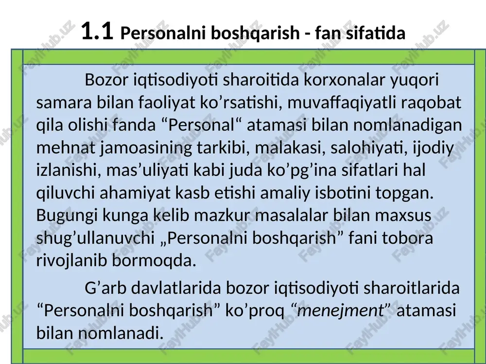 , ikki toifaga bo’linadi: personal ishlab chiqarish personali (ishchilar) boshqaruv personali (xizmatchilar) asosiy yordamchi asosiy yordamchi personal turlari boshqaruv personalining asosiy toifalari: menejment bo’yicha mutaxassislar, xususan rossiyalik iqtisodchi olim l. i. evenko fikriga ko’ra, ishlab chiqarishda xodimlarning rolini belgilab beruvchi konsepsiyasi rivojlanish jarayonida to’rt bosqichni bosib o’tgan (inglizcha labour resourses use). bu xix asr oxiridan xx asrning 60- yillarigacha bo’lgan davrni qamrab olib, mazkur konsepsiyaga binoan ishlab chiqarishda faqat inson uning funktsiyasi - ish vaqti sarfi va ish haqi bilan o’lchanadigan mehnat mezon vazifasini o’tagan. g’arbda bu teylorizm nazariyasida, sobiq sssrda esa mehnatning davlat tomonidan ekspluatatsiya kilinishida o’z ifodasini topgan. mehnat resurslaridan foydalanish personalni boshqarish inson resurslarini boshqarish (personal management) xx asr 30-yillaridan boshlab shakllana boshlagan ushbu konsepsiyaning nazariy asosi sifatida insonga xizmat vazifasi orqali qaralishi qabul qilingan bo’lib, boshqaruv ma’muriy vositalar (tamoyillar,uslublar, vakolatlar, funktsiyalar) orqali amalga oshirilishinazarda tutiladi. (nitap resourses management). bu konsepsiyaga ko’ra insonga xizmat vazifasi orqali emas, …