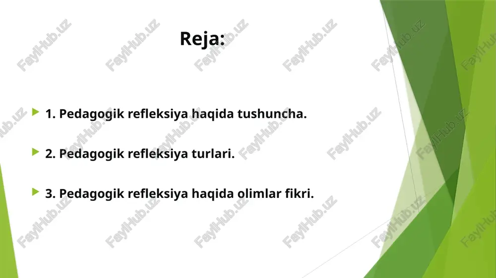 shuniladi va uning talaba shaxsini rivojlantirishdagi samaradorligini baholash. pedagogik refleksiya turlari: intellektual refleksiya koorporativ rekleksiya persteptiv refleksiya kommunikativ refleksiya shaxsiy refleksiya 1. intellektual refleksiya kasbiy faoliyatda faol ravishda tadqiqotlarni olib borish, bu jarayonda tadqiqot faoliyatining mazmunini, bosqichlari va natijalarini tahlil qilish, muayyan xulosaga kelish va ularning samaradorligini baholashni ifodalaydi. 2. koorporativ refleksiya pedagogik hamkorlikka asoslangan faoliyatni tashkil etish, jamoaviy faoliyatni loyihalashtirish, pedagogik muhit ishtirokchilarining birgalikdagi harakatlari yuzasidan kelishib olish kabi holatlarni tavsiflaydi. 3. sotsial-pertseptiv refleksiya o‘qituvchilar tomonidan pedagogik va kasbiy hamkorlik sub’ektlari faoliyati mohiyatini anglashdan iborat bo‘lib, uning yordamida o‘qituvchilar tegishli yo‘nalishdagi faoliyat yuzasidan muayyan xulosalarga kelish, birgalikdagi faoliyat jarayonida shakllangan bolalar, hamkasblar to‘g‘risidagi o‘z qarashlari va fikrlarini qayta ko‘rib chiqishni anglatadi 4. shaxsiy refleksiya o‘zining ong darajasini, faoliyatini, atrofdagilar bilan muloqoti mazmunini, o‘ziga hamda boshqalarga bo‘lgan munosabatini, shuningdek, o‘zi tomonidan bajariladigan faoliyat mazmunini tahlil qilish anglashni ifodalaydi. 5. kommunikativ refleksiya o‘qituvchi tomonidan uning atrofdagilar tomonidan qabul qilinishi, baholanishi va …