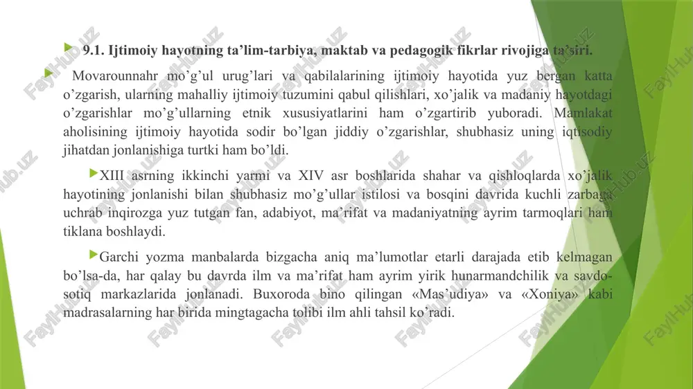 bi madrasalarning har birida mingtagacha tolibi ilm ahli tahsil ko’radi. 9.2. so’fiylik ta’limotining ma’naviy hayotga ta’siri. islom madaniyatining tarkibiy qismi bo’lgan tasavvuf islom musulmon sharqi mamlakatlarida falsafa, axloq, madaniyatni targ’ib etishga, qur’on va hadislarning mohiyatini ochib berishga, ilohiy ilmlar bilan dunyoviy jlmlarni o’zaro bog’lashga intilgan insonparvar va xalqsevar ta’limot sifatida viii asr o’rtalaridan boshlab o’z nazariyasi va amaliyoti, ilm sifatida shakllandi va rivojlandi tasavvufning tub mohiyati inson qalbi va mhiyatini, axloqini poklash, shaxsiy hayotda halol yashash, zahiran va botinan pok bo’lish, pok qalb va mh kuchi bilan alloh visoliga yetishga kishilarni targ’ib-tashviqot etishdan iboratdir. - birinchidan, tasavvuf ta’limot sifatida g’oyat murakkab va ko’pqirrali ijtimoiy-ma’naviy hodisa bo’lib, uning murakkabligi va ko’pqirraliligi tasavvufiy yo’nalishlarning turli-tumanligidan, metoduslublarining rang-barangligida, bilish obyektining tadqiqot va targ’ibot qilgan masalalar doirasining qamrovi juda kengligi, xilma-xilligi va teranligida ifodalanadi. - ikkinchidan, mazmunan va mohiyatan inson qalbini poklashga qaratilgani, jaholat va xudbinlikka qarshi bo’lgani, mehm shafqat, himmat va mardlik ko’rsatishni …