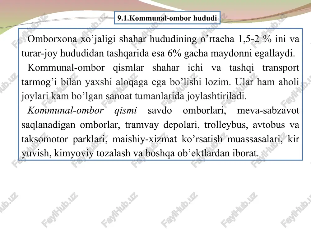 rini oziq-ovqat va nooziq-ovqat, maxsus omborxonalar (muzlatgichlar, kartoshka, meva-sabzavot saqlagichlar), kommunal-transport va aholiga maishiy xizmat korxonalarini joylashtirish lozim. aholining kundalik ehtiyoji uchun zarur bo’lmagan omborxona majmui tizimlari, odatda, aholi turar-joylaridan tashqarida, tashqi transport, ayniqsa temir yo’l transporti tugunlarida shakllantirish lozim aholi turar-joylari va ularning ko’kalamzor hududlaridan tashqarida, shahar atrofidagi maxsus joylarda yong’inga qarshi va maxsus me’yorlarga amal qilingan holda davlat zahiralari omborxonalari, birinchi guruhga taaluqli neft va neft mahsulotlari omborxonalari, siqilgan gaz, portlovchi moddalar omborxonalari va qurilish materiallarining bazaviy omborxonalari joylashtirish ko’zda tutiladi. yirik va katta shaharlarda kommunal-omborxona hududlari turar-joy va sanoat hududlari bilan transport aloqasini ta’minlashni inobatga olgan holda yoyilgan (tarqoq) holda joylashtirish lozim. xo’jalik omborxonalari shahar butun hududining o’rtacha 1,5-2 % ini, shaharning aholi kam yashaydigan hududlarida esa 6 % ini tashkil etadi. shahar tuzilmasida omborxonalar asosiy shaharsozlik talablarini bajarilishiga asoslanib joylashtiriladi: shahar ichidagi barcha yuk oqimlarini minimallashtirish (bundan tranzit yuk tashuvlar mustasno) va shahar hududidan to’g’ri foydalanishni …