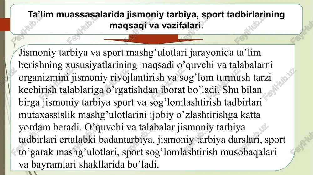 mida ijobiy o’zgarishlar sodir bo’ladi va organizm sog’lomlashadi. o’zbekiston respublikasining "halq ta’limi haqidagi" va "jismoniy tarbiya va sport xaqida" qonunida o’zbekiston respublikasining fuqarolari o’z salomatliklarini yaxshilash va mustaxkamlash uchun jismoniy jixatidan chiniqishlari to’g’risida qayg’urishlari shart, degan fikr ta’kidlanadi. bu qonun to’la ma’noda o’quv dargoxlaridagi jismoniy tarbiya ishiga xam ta’luqlidir. o’quvchi va talabalar jismoniy tarbiyasi ularni jismoniy harakatlarini amalga oshirishning tashkil etilgan pedagogik jarayonidir. ta’lim muassasasidagi jismoniy tarbiyaga oid ishlar o’quvchi va talabalardan xavaskorlikni, tashabbuskorlikni, uyushqoqlikni talab qiladigan juda hilma—hil shakllari bilan farq qiladi. ular o’quvchi va talabalarda tashkilotchilik ko’nikmalari, faollik, topqirlikni tarbiyalashga yordam beradi. ta’lim muassasasida o’quvchilar jismoniy tarbiyasining maqsadi: 1. sog’lomlashtirish. 2. har tamonlama etuk inson qilib tarbiyalash. 3. vatan mudofaasiga hamda mehnatga tayyorlash. 4. sport ishlarini milliy qadriyatlar asosida tashkil etish. jismoniy tarbiyaning maqsadidan kelib chiqqan holda o’quvchi va talabalarni sog’lomlashtirish, chiniqtirish, jismoniy rivojlantirish, harakat malaka va ko’nikmalarini shakllantirish bo’yicha jismoniy tarbiyaning asosiy vazifalari belgilanadi: jismoniy mashqlar va …