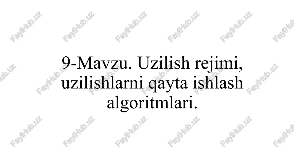datda ixtiyoriy vaqt momentida paydo bo’ladi. uzilishlar apparatli va dasturiy bo’ladi. birinchisi, unga xizmat qilish talab etilgan periferik qurilmalardan olingan apparat signali bo’yicha xosil bo’ladi. dasturiy uzilishlar int n ko’rsatmasi yordamida hosil bo’ladi. istisnolar - protsessorning ichki hodisalari – u yoki bu ko’rsatmaning bajarilishi vaqtida qandaydir noto’g’ri shartlar to’g’risida signal berish: nolga bo’lish, ximoya qoidalarini buzish, sahifalarning yo’qligi va h.k. uzilishlar yoki istisnolar sodir bo’lganda bajarilayotgan joriy masala qayta ishlash bajarilayotgan vaqti davomiyligida avtomatik to’xtaydu, shundan so’ng uning bajarilishi davomiyligini yo’qotmasdan davom etadi, faqat uzilish yoki istisnoni qayta ishlash dasturni to’xtatishga majbur etadi. barcha uzilishlar va istisnolar 0 dan 255 gacha bo’lgan oraliqda nomerlangan (ko’pincha ular vektorlar deb ataladi). 0..31 nomerlar istisnolar uchun intel firmasi tomonidan zaxiraga olingan. uzilishlar software interruptions int n instruction ( n - delay number ) using desired 0..255 numbered interrupt yield to do possible . such interruptions called programming . _ the flag if bit …