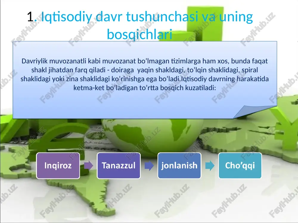 bosqichlarni siyosiy va tasodifiy vaziyatlarga bog’lashadi. 2. iqtisodiy davrlarni yuzaga kelish sabablari iqtisodiy tebranishlar sabablarini, ularga ta’sir etuvchi omillarni o’rganish, iqtisodiy tebranishlar amplitudasini qisqartirish barcha hukumatlar makroiqtisodiy siyosatining muhim maqsadlaridan biridir. iqtisodiy tsikllarning kelib chiqish sabablari va ularga ta’sir ko’rsatuvchi omillarning chuqur va izchil ravishda tadqiq etilishi turli ko’rinishdagi iqtisodiy tsikl nazariyalarining vujudga kelishiga olib keldi. ko’pchilik hozirgi zamon iqtisodchilari iqtisodiy tsikllarning ob’ektiv tavsifini tan olib, bu hodisani unga ta’sir ko’rsatuvchi ichki va tashqi omillarni tahlil qilish orqali o’rganishni tavsiya qiladi. iqtisodiy tsikllarni tashqi omillarning mavjudligi bilan tushuntiruvchi nazariyani eksternal nazariya deb ataladi. - urushlar, inqilobiy o’zgarishlar va boshqa siyosiy larzalar; - oltin, uran, neft va boshqa qimmatli resurslar yirik konlarining ochilishi; - yangi hududlarning ochilishi va bu bilan bog’liq ravishda aholi migratsiyasi, er shari aholisi sonining o’zgarib turishi; - ijtimoiy ishlab chiqarish tarkibini tubdan o’zgartirishga qodir bo’lgan texnologiya, tadqiqotlar va innovatsiyalardagi qudratli o’zgarishlar. iqtisodiy tsikllarni iqtisodiy tizimning o’ziga xos …