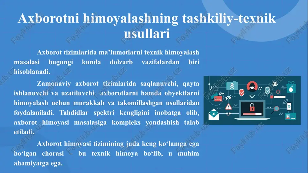 alar, komplekslar yoki tizimlar yordamida obyektni himoyalashdir. texnik vositalarning afzalligi keng ko‘lamdagi masalalarni hal etilishda, yuqori ishonchlilikda, kompleks rivojlangan himoya tizimini yaratish imkoniyatida, ruxsatsiz foydalanishga urinishlarga mos munosabat bildirishda va himoyalash amallarini bajarish usullaridan foydalanishning an’anaviyligida namoyon bo‘ladi. axborotning konfidentsialligi, butunligi va ruxsat etilganligini buzish maqsadida ta’sir ko‘rsatish obyektlariga nafaqat axborot tizimi elementlari, balki uni qo‘llab turuvchi infratuzilma (elektr, issiqlik ta’minoti, sovitish tizimlari) ham kiradi. axborot tizimida texnik xarakterdagi tadbirlar bino, inshoat, aloqa liniyalari joylashgan hududga begona shaxslarning kirishiga qarshi fizik himoyani tashkillashtirish axborotni himoya qilishda ushbu element muhim ahamiyatga ega bo‘lib, uning tarkibiga quyidagilar kiradi: axborot tizimida texnik xarakterdagi tadbirlar axborotning chiqib ketish texnik kanallariga qarshi texnik vositalar axborot tizimida texnik xarakterdagi tadbirlar binoni vizual usullar bilan texnik razvedka qilishdan himoyalovchi vositalar kuzatish vositalari, xabar berish, signalizatsiya, axborot berish, texnik vositalarning ish faoliyati buzilganda yoki tarmoq aloqasi kattaliklari o‘zgartirilganda ularni identifikatsiya qilish texnik razvedka asboblari va qurilmalari (eshitish, kuzatish, …