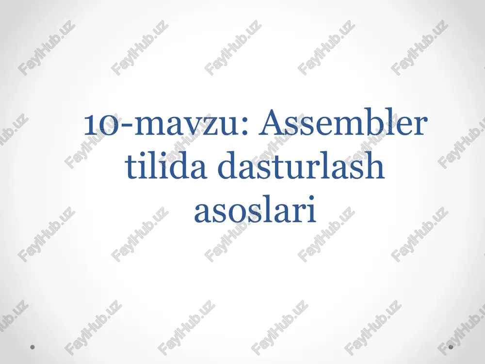 ar ?, @, $, _, & . ular ham harflar deb sanaladi; ajratuvchilar , . [ ] ( ) { } + / * % ! ' " \ = # ^ . ism uzunligi – 32 belgigacha. ism raqam bilan boshlanmasligi kerak. yusupov r.a., 2021 17 the endings description decimal 16- lik hexadecimal, hex binary binary nt dd 12100 part1 dw 11h , 0a6h mov esi, 0011010101b mass dw 1,2,3,5,10 arr dd 0ah, 0bh, 0ch, 0bfh table db 01b , 101b, 1001b mov eax, 255 chorus edx, 0a0b0c0dh and al, 11110000b lea edi, 128 * 4 / (3 + 6) mov eax, (9-0fh) * 33h add ax, 1010b or 1110b yusupov ra, 2021 18 sonlar tavsifi o’nlik 16-lik hexadecimal, hex binar ikkilik nt dd 12100 part1 dw 11h, 0a6h mov esi , 0011010101b mass dw 1,2,3,5,10 arr dd 0ah, 0bh, 0ch, 0bfh tabl db 01b, 101b,1001b mov eax, 255 …