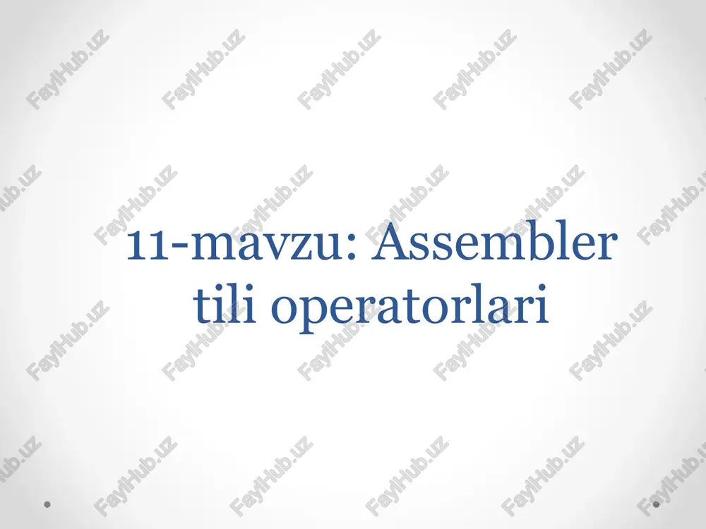 wing commands includes : mov , xchg , mov - this data ni _ _ transmission basic command . it 's transmission different kind of options instead increases . mov command _ _ with one memory from the field to another _ _ will not . yusupov ra, 2021 7 protsessorning butun sonli mashinasi ko’rsatmalarining funksional tasnifiga yana to’xtalamiz. bunday buyruqlarning umumiy sonidan quyidagi guruhlari chiziqli bo’limlarida ishlaydi: ma’lumotlar uzatish buyruqlari; arifmetik buyruqlar; mantiqiy buyruqlar; protsessor holatini boshqarish buyruqlari. yusupov r.a., 2021 8 information two one - sided transmission xchg command for _ _ used . this operation do really one for _ _ multiple mov commands sequence use possible , but interchangeable operations often using standing because processor commands system functional developers separately exchange command - xchg _ _ to enter considered necessary . _ naturally , operands a kind of round be _ _ need _ memory 's …