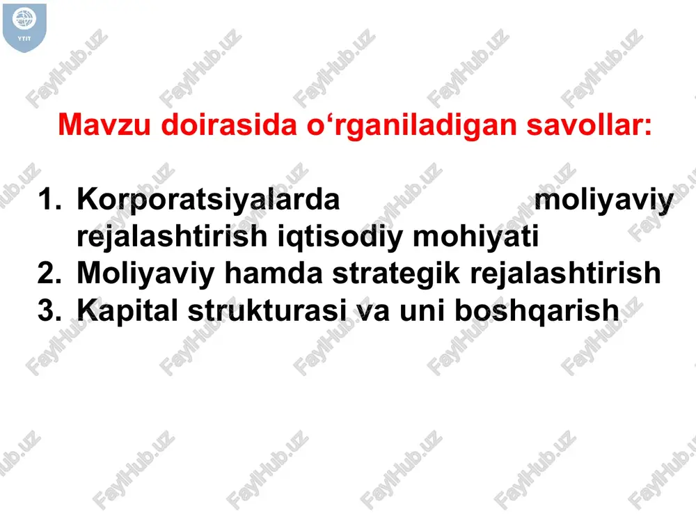 ish 2. kapital bilan ta’minlash 3. pul fondlarini boshqarish 4. buxgalteriya hisobi 5. korporatsiya aktivlarini himoya qilish 6. soliqlarni boshqarish 7. investorlar bilan o‘zaro munosabatlar 8. baholash va konsalting 9. boshqaruvning axborot tizimlari moliyaviy rejalashtirish e’tiborli bosqichlari moliyaviy rejalashtirish turi: strategik moliyaviy rejalashtirish uzoq muddatli moliyaviy rejalar taktik (joriy) moliyaviy rejalashtirish. qisqa muddatli moliyaviy rejalar strategik moliyaviy reja - . . . ? • xo’jalik yurituvchi sub’ekt uchun talab qilinadigan kapitalning o’lchami qanday, u qaysi manbalar hisobidan va qanday muddatlarda jalb qilinadi? • bu kapitaldan qanday qilib foydalaniladi? • o’z kuchiga ishongan holda xo’jalik yurituvchi sub’ekt rivojlanishi mumkinmi? agar yo’q bo’lsa, moliyaviy resurslarni jalb qilishning manbalari qanday? • xo’jalik yurituvchi sub’ekt pul mablag’lari tushumi, ishlab chiqarishning rentabelligi va investitsiyalar daromadligining qanday darajalariga chiqishi mumkin va qay muddatlarda? moliyaviy rejalashtirishning asosiy funktsiyalari •zarur bo’lgan moliyaviy resurslarning hajmi va ularning manbalarini aniqlash; •mahsulotni (ishni, xizmatni) ishlab chiqarish va realizatsiya qilish tannarxini rejalashtirish; …