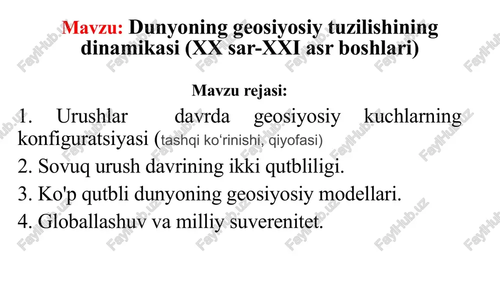 kelishi, versal xalqaro tizimining yaratilishi, italiya va germaniyada fashizmning gʻalabasi kabi voqealar belgilab berdi. sovet rossiyasining paydo bo'lishi, so'ngra sssrning shakllanishi bilan xalqaro munosabatlar ijtimoiy tizimlar va mafkuralar qarama-qarshiligining kuchli ta'siri ostida qoldi. dunyoning siyosiy va mafkuraviy bo'linishi omon qolish yo'lida umuminsoniy birlik va odamlar o'rtasidagi hamjihatlik g'oyasini jamoat ongidan ko'p jihatdan siqib chiqardi. 1917-1920 yillarda v.i.lenin inqilobiy messianizm mafkurasi tufayli geosiyosatni yengib o'tishga urinish bo'ldi. uning jahon inqilobi kontseptsiyasi sovet rossiyasi butun dunyoga kommunizmni yoyish uchun mo'ljallangan mafkuraviy hodisa ekanligiga asoslanadi. u kelajakni chegarasiz global proletar jamiyati sifatida ko'rdi. 1919-yilda versal shartnomasi va 1922-yilda rapallo shartnomasi imzolangandan so‘ng sovet ittifoqi germaniyaga yaqinlashib, asta-sekin klassik geosiyosatga qayta boshladi. ikki davlat oʻrtasidagi hujum qilmaslik toʻgʻrisidagi pakt (1939) geosiyosiy motivlarga asoslangan edi. sssr jahon miqyosida haqiqiy vazn va ta'sirga faqat 1930-yillarning oxirida erishdi. mamlakat rahbariyatining g‘oyaviy-siyosiy da’volarini samarali iqtisodiy va siyosiy salohiyat bilan qo‘llab-quvvatlashiga qator omillar to‘sqinlik qildi. bu fuqarolar urushidan keyingi …