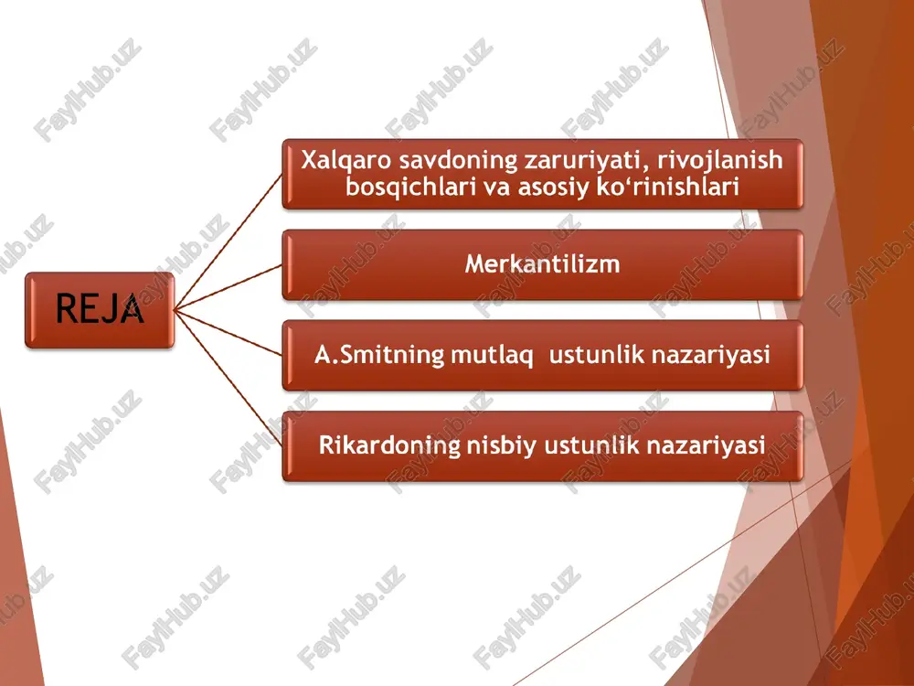 ar kuzatilgan. a. smit qarashlariga muvofiq; d. rikardo a. smitning “mutlaq ustunlik” nazariyasini yanada mulohaza qilish natijasida ushbu nazariya umumiy qoidaning bir qismi ekanligini isbotlab berdi. d. rikardo “siyosiy iqtisodning boshlanishi va soliqlar” nomli asarida klassik nazariyani boshi berk koʻchadan olib chiqadi. uning fikricha, mamlakatlar ishlab chiqarish samaradorligini ta’minlashda yoki koʻproq ustunlikka ega boʻlgan yoxud kamroq zaiflikka ega boʻlgan mahsulot ishlab chiqarish va sotishga ixtisoslashsalar maqsadga muvofiq boʻladi. bunday vaziyatlarda ikki mamlakat oʻrtasidagi savdo koʻproq imkoniyatlar olib keladi. har bir mamlakat oʻzi ixtisoslashgan mahsulotlarni ishlab chiqaradi va shu orqali yutuqlarga erishadi. uning mulohazalari “nisbiy ustunlik nazariyasi”da oʻz yechimiga ega boʻldi. mahsulot ishlab chiqarish uchun zarur boʻlgan mehnat sarfi. movut (bir dona) vino (barrel) portugaliya 90 80 angliya 100 120 yuqoridagi misoldan koʻrinib turibdiki portugaliya barcha turdagi mahsulotlarni ishlab chiqarishda mutlaq ustunlikka ega. ya’ni bir dona movut ishlab chiqarish uchun 90 mehnat birligi, bir barrel vino ishlab chiqarish uchun esa 80 …