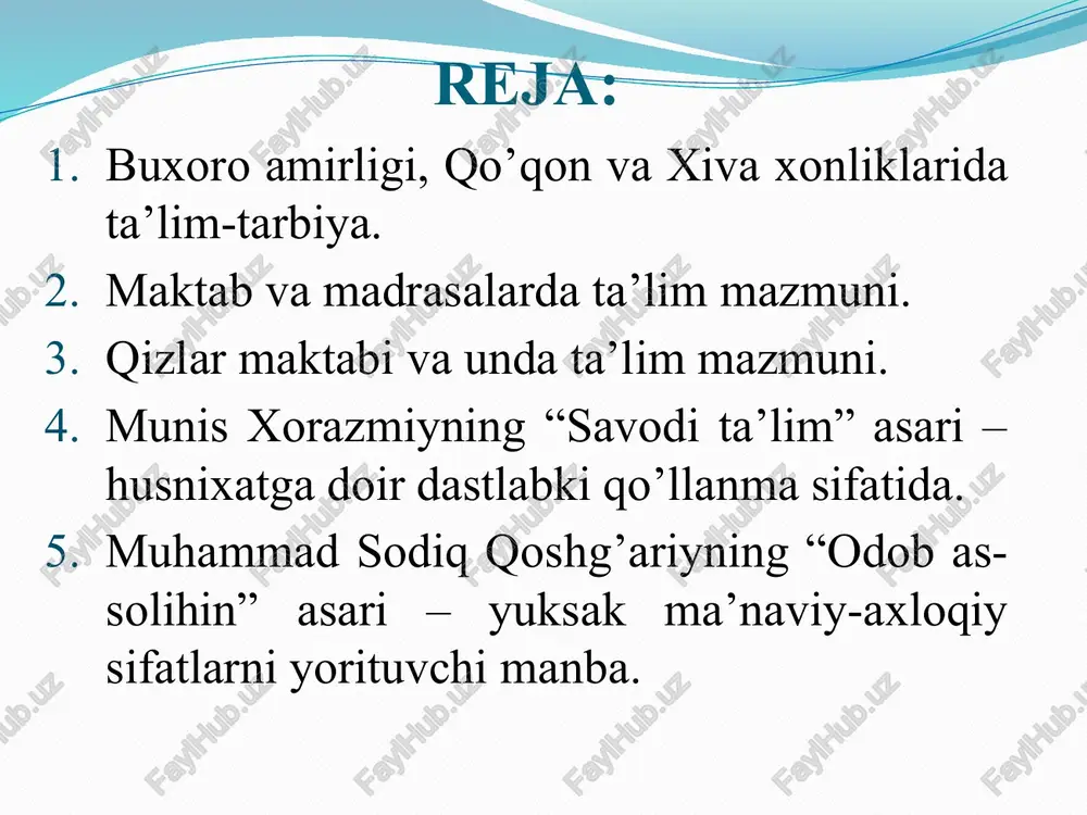 m muassasalari boshlang’ich maktab qorixona daloilxona madrasa otinoyilar maktabi xix asrning birinchi yarmida o‘rta osiyoning yirik shaharlarida mavjud bo‘lgan maktablar va o’quvchilar soni shaharlar maktablar soni o’quvchilar soni toshkent 120 2000 buxoro 360 6000 qo’qon 300 5500 andijon 90 1700 samarqand 80 1000 marg’ilon 70 800 namangan 60 900 jizzax 10 150 maktablarda ta’lim mazmuni 1 alifbo kitobi 2 haftiyak 3 chor-kitob sabotul ojizin 4 qorixonalar va ularda ta’lim mazmuni ta’lim muassasasining maqsadi o’qitishni tashkil etish tartibi o’qitish mazmuni ushbu ta’limdan ko‘zda tutilgan asosiy maqsad – turli diniy marosimlarda qur’on tilovat qiluvchi qorilarni (shu sababli qorixona talabalari safida ko‘zi ojizlarni ham uchratish mumkin edi) tayyorlashdan iborat bo‘lgan. qorixonadagi o‘quv muddati 2-3 yil davom etgan. mashg‘ulotlar jumadan tashqari har kuni o‘tkazilgan. o‘qish jarayonida ayrim talabalar o‘z uylarida yashaganlar, ular har kuni o‘qituvchining oldiga kelib topshiriq olganlar va o‘qish qiyin bo‘lgan duolarni o‘qish yuzasidan maslahatlar olganlar. ayrim hollarda esa ba’zi talabalar oilalari …