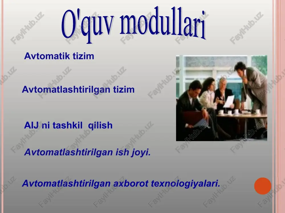 eruvchi ishonchli va to’liq axborotlarni olishga harakat qiladi o’rta va operativ darajadagi boshqaruv xodimi aijdan aniq muammolar sohasidagi kasbiy faoliyatni amalga oshirish va qarorlar qabul qilishda foydalaniladi. shaxsiy kompyuter zaminida tashkil qilingan aij boshqaruv soxalari ichida eng sodda va keng tarqalgan variantidir. u 3 ta tarkibiy qismdan iborat texnik ta’minot axborot ta’minot dasturiy ta’minot foydalanuvchi uchun aniq sohaga tegishli axborotlarning shunday tarkiblashuvini ko’zda tutadiki, u turli xil murakkab harakatlarni bajarish, massivlardagi ma’lumotlarga qulay va tex tuzatishlar kiritishni amalga oshirish imkonini beradi. axborot ta’minoti texnik vositarning yuqori ishoncjhliligi, berilgan vaqtda ma’lumotlarni kerakli hajmini ishlab chiqishga qodirligini kafolatlashi va xizmat ko’rsatishning qulayligini taminlanishi kerak. texnik ta’minoti dasturiy muhit tomonidan foydalanuvchi istalgan tartibda faol yoki sust ishlashga o’z xohishini doimo qo’llab-quvvatlanishini hamda dasturiy ta’minotni takomillashtirish hisobiga inson mehnatini ancha engillashishini xis qilishi darkor. dasturiy ta’minot avtomatlashtirilgan ish joyi. texnik va dasturiy vositalarning shaxsiy majmuasi. u mutaxassis kasbiy mehnatini avtomatlashtirishga qaratilgan va unga kerakli …