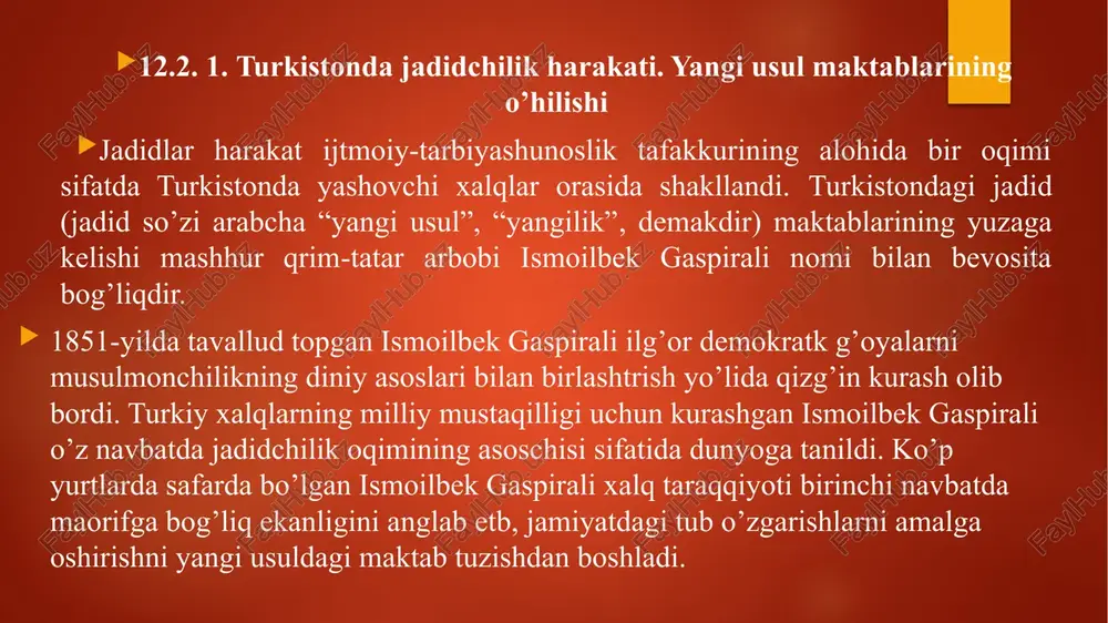 an jadid maktablari taraqqiyotga ulkan hissa qo’shdi. i.gaspirali boshqa turkiy xalqlar qatori o’zbek millatdagi ijtmo’ly fikrlar taraqqiyoti va shu jumladan, haqiqiy vatanparvar o’zbek ziyolilari, pedagoglarining kamol topishida ham o’chmas iz qoldirdi. 1893-yili ismoil gaspirali turkistonga kelib, chor huqumat amaldorlarini va buxoro amiri abdulahadni musulmon maktablarini isloh qildirishga ko’ndirmoqchi bo’ladi. ismoil gaspirali buxorodan so’ng poezdda samarqandga borgan, undan toshkentga kelib, turkiston general-gubernatorligidagi, amaldorlar bilan o’z niyat-maqsadlarini o’rtoqlashgan. biroq, toshkentda uni yaxshi kutb olishmadi, loyihasi esa etborsiz qoldi rildi. 1893-yil 8-iyunda u yana samarqand orqali buxoroga qaytb borgan va amir bilan uchrashib, e.j.laxzarining ko’rsatishicha, uni yangi usuldagi bir maktab o’hishga ko’ndirgan. ikkinchi usuli jadid maktabini 1898 yilda qo’qonda salohiddin domla ochdi. shu yili to’qmoqda ham yangi usul maktabi paydo bo’ldi. 1899-yili andijonda shamsiddin domla va toshkentda mannon qori yangi usul maktabini ochdilar. 1903 yilda, umuman, turkistonda 102 ta boshlang’ich va 2 ta o’rta jadid maktabi bor edi. bulardan 6 tasi buxoro amirligida …