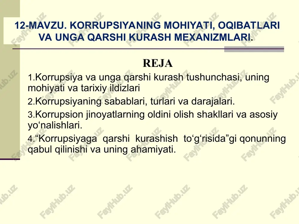 yosiy elitadagi byurokratik apparatga qarata ishlatiladi. jahon tashkilotlari ham korrupsiya deganda hukumat amaldorlarining o‘z xizmat vakolatlarini suiste’mol qilishlarini tushunadi. korrupsiya jamiyatni har tomonlama iskanjaga oladigan illatdir. bu illat demokratiya va qonun ustuvorligiga putur yetkazadi, inson huquqlarining buzilishiga olib keladi, hayot sifatini yomonlashtiradi korrupsiyaning zararlari to`g`risidagi mutafakkirlarning fikrlar: antik davr yunon faylasufi aristotel shunday degan edi: “har qanday davlat tizimida - qonunlar va boshqa farmoyishlar orqali ishni shunday tashkil qilish kerak-ki, unda mansabdor shaxslarni noqonuniy yo‘l bilan boyishiga yo‘l qo‘ymaslik lozim”. (er.avv. 384-322) fransuz mutafakkiri sharl monteske: “asrlar tajribasidan ma’lumki, har qanday hokimiyat vakolatiga ega bo‘lgan shaxs, uni suiiste’mol qilishga moyil bo‘ladi va u ma’lum bir maqsadga erishmaguncha shu yo‘nalishda yuradi”. monteske sharl lui (1689-1755) italyan mutafakkiri dante aligyeri korrupsionerlarni do‘zaxni eng qorong‘i va eng chuqur joyiga tashlash kerak . (1265 - 1321) husayn voiz koshifiy ijodiga mansub «axloqi muhsiniy» asarining 40-bobi «mulozimlar tarbiyati va odobi bayonida» deb nomlanib, poraxo‘rlikning oqibatlari …