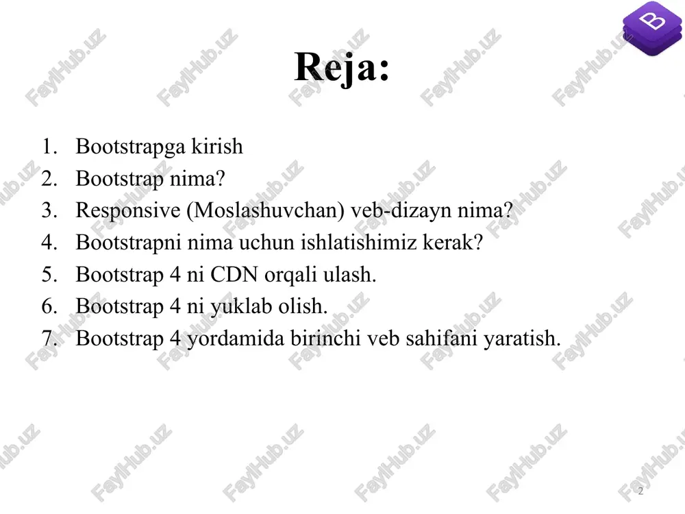 iy brauzerlarga mos keladi (chrome, firefox, internet explorer 10+, edge, safari va opera). bootstrap 4-ni qayerdan olish kerak? 7 o'z veb-saytingizda bootstrap 4-dan foydalanishni boshlashning ikkita usuli mavjud. cdn dan bootstrap 4 ni qo'shish bootstrap 4 ni saytdan dan yuklab olish birinchi usul : bootstrap 4 ni cdn orqali ulash agar siz bootstrap 4-ni o'zingiz yuklab olishni xohlamasangiz, uni cdn dan (tarkib etkazib berish tarmog'idan) olishingiz mumkin. maxcdn bootstrapning css va javascript kodlarini cdn orqali qo'llab-quvvatlaydi. jqueryni ham o'z ichiga olishi kerak. buning uchun qyuidagi shartlarni bajaring : 8 ; ikkinchi usul : bootstrap 4 ni yuklab olish 9 agar siz bootstrap 4-ni o'zingiz yuklab olishni va o'tkazishni xohlasangiz, https://getbootstrap.com/ saytiga o'ting va u yerdagi ko'rsatmalarga rioya qiling. bootstrap 4 yordamida birinchi veb sahifangizni yarating 10 1. html5 doctype qo'shing bootstrap 4 html elementlari va css xususiyatlaridan foydalanadi, bu esa html5 hujjat turini talab qiladi. har doim html5 doctype sahifaning …