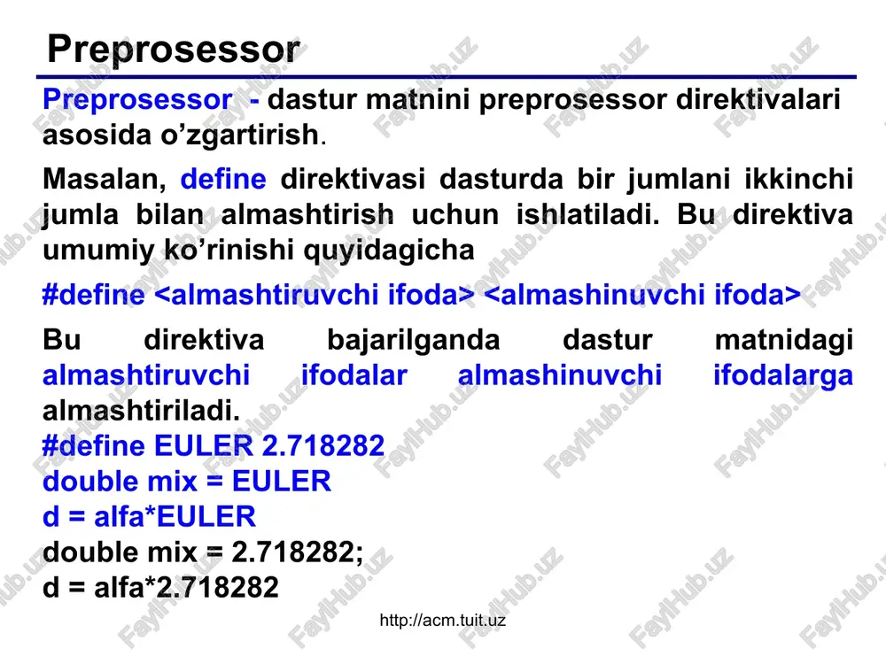 nilsa preprosessor qo’shilayotgan faylni standart bibliotekalardan izlaydi. agar ikkinchi shakl qo’llanilsa preprosessor foydalanuvchining joriy katalogini ko’rib chiqadi va bu katalogda fayl topilmasa standart sistemali kataloglarga murojaat qiladi. http://acm.tuit.uz * * c standarti c standarti bo’yicha .h suffiksi bibliotekaga tegishli funksiyalarning prototiplari hamda, turlar va konstantalar ta’rifi joylashgan fayllarni ko’rsatadi. bunday fayllarni sarlavhali fayllar deb ataladi. kompilyator bibliotekalari bilan ishlashga mo’ljallangan sarlavhali fayllar ro’yxati til standartida ko’rsatilgan bo’lib bu fayllar nomlari tilning xizmatchi so’zlari hisoblanadi http://acm.tuit.uz http://acm.tuit.uz * * sarlavhali fayllar http://acm.tuit.uz assert.h – programma diagnostikasi . type.h – simvollarni o’zgartirish va tekshirish. erruo – xatolarni tekshirish. float.h – haqiqiy sonlar bilan ishlash. limits.h – butun sonlarning chegaralari. locate.h – milliy muhitga moslash. match.h – matematik hisoblashlar. setjump.h – nolokal o’tishlar imkoniyatlari. signal.h – g’ayrioddiy holatlar bilan ishlash. stdarg.h – uzgaruvchi sonli parametrlarni qo’llash. stddef.h – qo’shimcha ta’riflar. stdlib.h – xotira bilan ishlash. string.h – simvolli qatorlar bilan ishlash. time.h – …