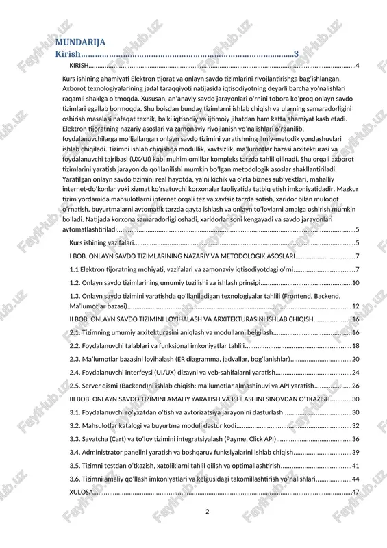 nuvchilar uchun qulay, tezkor, ishonchli va xavfsiz onlayn savdo tizimlarini ishlab chiqish masalasi dolzarb ahamiyat kasb etadi. onlayn savdo tizimlari foydalanuvchiga qulay interfeys, keng mahsulot tanlovi, onlayn to‘lov imkoniyati va buyurtmani avtomatik tarzda qayta ishlash funksiyalari bilan ajralib turadi. bu tizimlar kichik va o‘rta biznes sub’yektlari uchun yangi bozorlarni ochadi, xaridorlar bilan to‘g‘ridan-to‘g‘ri muloqot qilish imkonini beradi va umumiy iqtisodiy samaradorlikni oshiradi. elektron tijoratning rivojlanishi ma’lumotlar xavfsizligi, foydalanuvchi shaxsiy ma’lumotlarini himoya qilish, to‘lov tizimlari ishonchliligi kabi masalalarning dolzarbligini ham oshirmoqda. o‘zbekiston respublikasida so‘nggi yillarda raqamli iqtisodiyotga o‘tish jarayoni faol amalga oshirilmoqda. “raqamli o‘zbekiston – 2030” strategiyasi doirasida elektron tijorat infratuzilmasini kengaytirish, mahalliy onlayn savdo platformalarini qo‘llab-quvvatlash va to‘lov tizimlarini modernizatsiya qilish bo‘yicha muhim islohotlar olib borilmoqda. payme, click, uzum pay, apelsin kabi to‘lov tizimlarining keng joriy etilishi onlayn xaridlarning ommalashuviga xizmat qilmoqda. bunday sharoitda talab va ehtiyojlarga mos yangi onlayn savdo tizimini yaratish, uni texnik va dasturiy jihatdan takomillashtirish ilmiy …