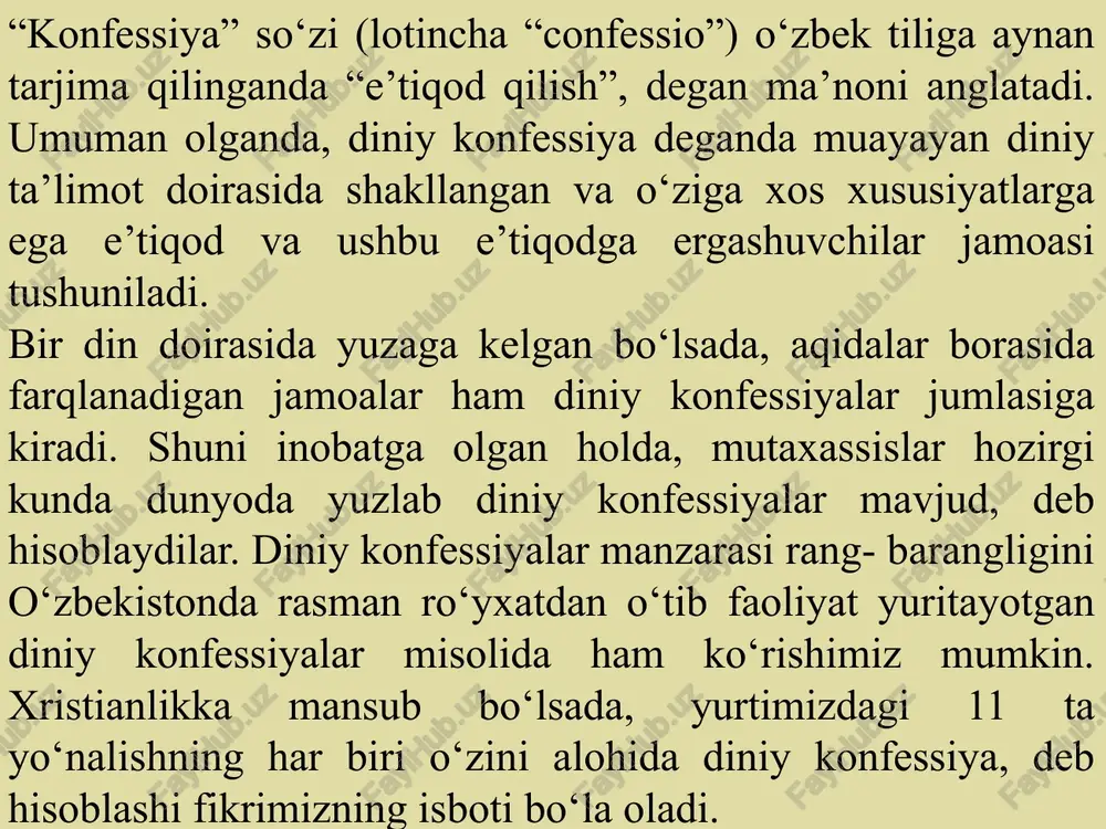 a (lot. dunyoviy degan ma’noni bildiradi) – tendensiyasi ta’siriga ko‘ra, diniy e’tiqodning jamiyat va kishi hayotining barcha sohalaridagi mutlaq hukmronligiga barham berish, hokimiyatni din ta’siridan xalos qilish, dunyoviy taraqqiyot yo‘liga o‘tishni anglatadi. g‘arbda sekulyarizatsiya davlatni dindan, maktabni esa cherkovdan ajratgan, ularning bir-biridan mutlaq rivojlanishiga olib kelgan. sekulyarizatsiya, umuman, jamit hayotida ijobiy ahamiyatga ega. o‘zbekiston konstituttsiyasi va qonunlari sekulyarizm prinsipi asosida rivojlan-tirilgan.  umuman, din hozirgi sharoitda muhim ijtimoiy-madaniy hodisadir. dinnning jamiyat ma’naviy-ma’rifiy hayotida tutgan o‘rnini bilish uchun uning jamiyat va shaxs hayotida qanday o‘rin egallashini, dinning davlatga va shaxsning dinga munosabatini tarixan qanday o‘zgarib borganligini ilmiy tahlil qilish lozim bo‘ladi. din axloqiy tarbiya sohasida muhim ahamiyatga ega vazifani bajaradi. biroq dinni siyosiy maqsadlar uchun niqob qilib olish, diniy davlat barpo etish vositasida yana o`rta asr sakralizatsiya tendentsiyasini ijtimoiy hayotda tiklashga urinish dunyoviy qadriyatlarga asoslangan konstitutsiyamiz va amaldagi qonunlarimizga ziddir.  diniy e’tiqod bilan bog`liq muammolarga kompleks yondashuv zarur: mamlakatda demokratiyani …