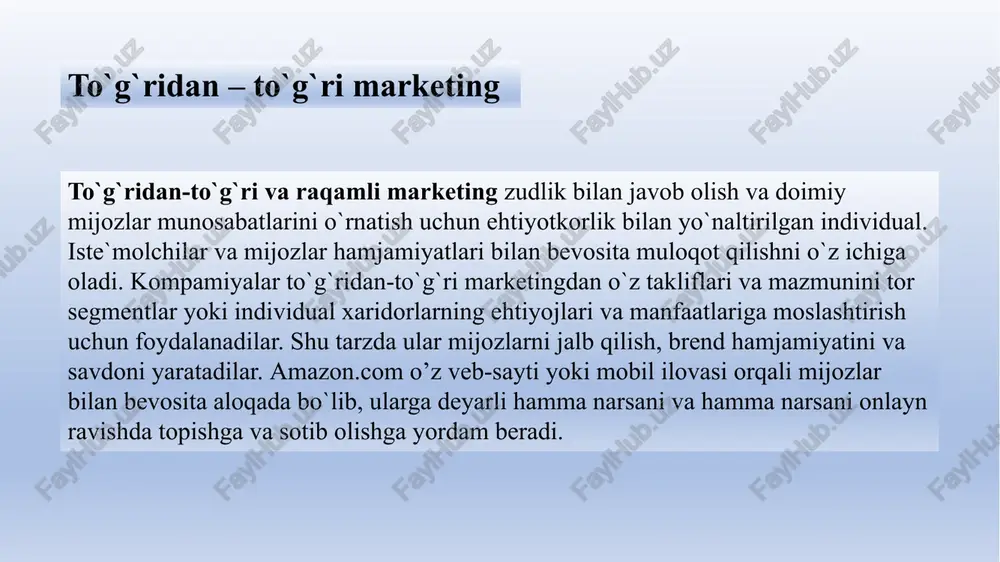 marketingning o`sishi va afzalliklari to`g`ridan-to`g`ri marketingning o`sishi va afzalliklari xaridorlar uchun imtiyozlar qulaylik ko`plab mahsulotlarga tayyor kirish kompaniyalar, mahsulotlar va raqobatchilar haqida qiyosiy ma`lumotlarga kirish interaktiv va tezkor to`g`ridan-to`g`ri marketingning o`sishi va afzalliklari sotuvchilar uchun imtiyozlar mijozlar bilan munosabatlarni o`rnatish uchin vosita, bozorlarga erishish uchun arzon, samarali, tezkor alternativ moslashuvchan, boshqa kanallar orqali erishib bo`lmaydigan xaridorlarga kirish to'g'ridan-to'g'ri va raqamli marketingning asosiy shakllari raqamli va ijtimoiy media marketing an`anaviy to`g`ridan-to`g`ri marketing to'g'ridan-to'g'ri mijozlarni jalb qilish va hamjamiyatni yarating an'anaviy to'g'ridan-to'g'ri marketing yuzma-yuz sotish, to'g'ridan-to'g'ri pochta marketingi, katalog marketingi, telemarketing, to'g'ridan-to'g'ri javob tv marketingi, kiosk marketingi raqamli va ijtimoiy media marketingi onlayn marketing (veb-saytlar, onlayn reklama, elektron pochta, onlayn videolar, bloglar), ijtimoiy media marketingi, mobil marketing raqamli asr mijozlarning qulaylik, tezlik, narx, mahsulot ma'lumotlari, xizmat ko'rsatish va brend o'zaro ta'siri haqidagi tasavvurlarini tubdan o'zgartirdi. natijada, u sotuvchilarga mijozlar qiymatini yaratish, mijozlarni jalb qilish va mijozlar bilan munosabatlarni o'rnatishning butunlay yangi usulini …