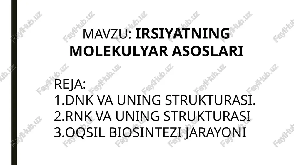 jirli dnk molekulasini tuzadi. 2. yarim konservativ turi – bunda dnk molekulasida zanjirlar bir-biridan ajraladi, lekin uzilmaydi, har bir zanjir dnk ning o’ziga o’xshash – komplementar zanjirni hosil qiladi. 3. dispersion turi – bunda dnk molekulasi ikkilanish jarayonida maydalanadi, qiz molekulalari sintezlangandan so’ng bu ajralgan zanjirlar tasodifan birlashadi. bu turlardan birortasi ham to’liq aniqlanmagan, faqat dnk replikatsiyasidan yarim konservativ turi biroz haqiqatga yaqin, chunki bu uotson va krik yaratgan dnk modeliga to’g’ri keladi. rnk – ribonuklein kislota. rnk molekulasi bir zanjirli bo’lib, monomeri 4 xil ribonukleotid: adenin (a), guanin (g), sitozin (s), urasil (u)dan iborat. bu nukleotidlarning rnk zanjirida joylanish tartibi rnk qaysi dnk molekulasi qo’sh zanjirining biridan sintezlangan bo’lsa, nukleotidlar xuddi o’sha zanjirdagi tartibda joylashadi. ko’pchilik organizmlarda genetik material sifatida dnk bo’ladi. faqat ayrim viruslar, masalan tamaki mozaikasi virusida dnk bo’lmaydi. irsiy material sifatida rnk bo’ladi. shunday qilib, dnkdagi nukleotid ketma-ketligi nusxa sifatida rnkga ko’chiriladi, ya’ni berilgan dnkda joylashgan …