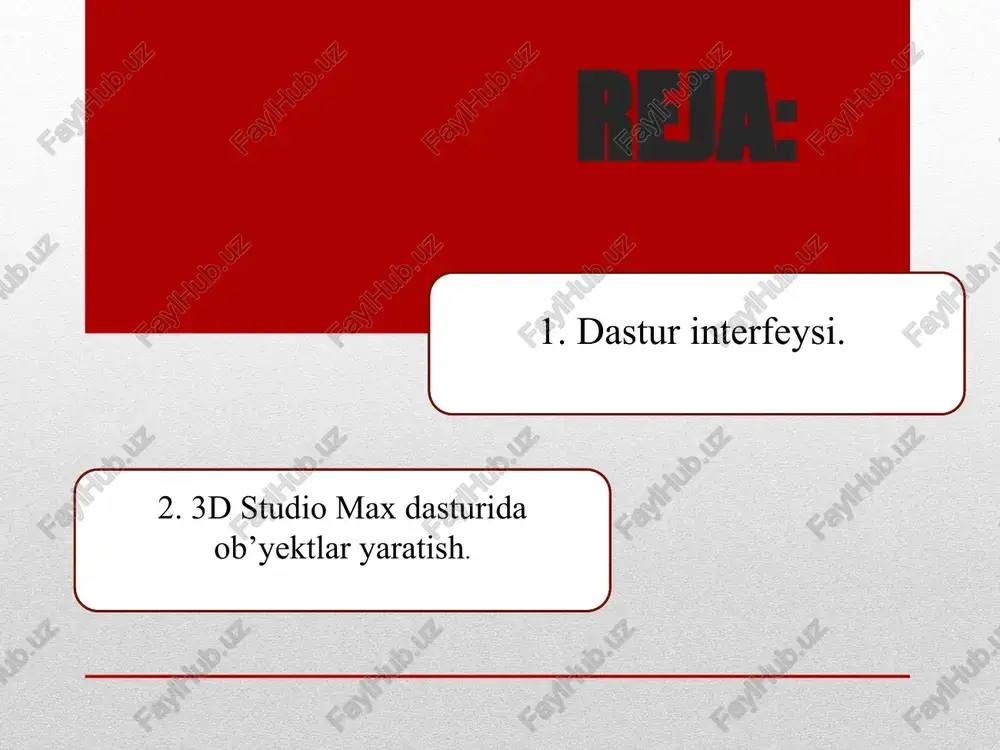 yopadi. menyu edit menyu edit sahnadagi ob’ektlar tanlangan komandalar va tahrirlash mavjud. undo/redo (klaviatura > ctrl+z i ctrl+a sootvetstvenno) - oxirgi harakatni inkor/qaytarish. hold - 3d studio maxning joriy sahnani va buferdagi o‘rnatish parametrlarni ushlab turish, bolarga hamma geometriya, yorug‘lik, kameralar, derazalar konfiguratsiyalari va h.k. fetch - 3d studio max sahnasi va o‘rnatish parametrlarni tiklash, oldin hold komandasi orqali saqlangan. delete (klaviatura > delete) – sahnadan joriy ob’ektlarni yo‘qotish (ob’ekt - geometriya, yorug‘lik, kameralar ko’zda tutilgan). clone – tanlangan ob’ektni nusxasini yaratish yoki ob’ektlarni yig‘indisiga ijozat beradi. select all – ushbu komanda sahnadagi hamma ob’ektlarni belgilaydi. select none - ushbu komanda sahnadagi hamma belgilangan ob’ektlarni bekor qiladi. select invert - ushbu komanda joriy belgilashni inversiyalaydi. select by – sahnada nomi yoki rangi bo‘yicha ob’ektlarni tanlash opsiiyalarni yetkazib beradi. properties - object properties muloqotni ko‘rsatadi, u belgilangan ob’ektlarni xusussiyatlarini ko‘rish va tahrirlashga ruxsat beradi. menyu tools menyu tools ob’ektlarni boshqarish yoki …