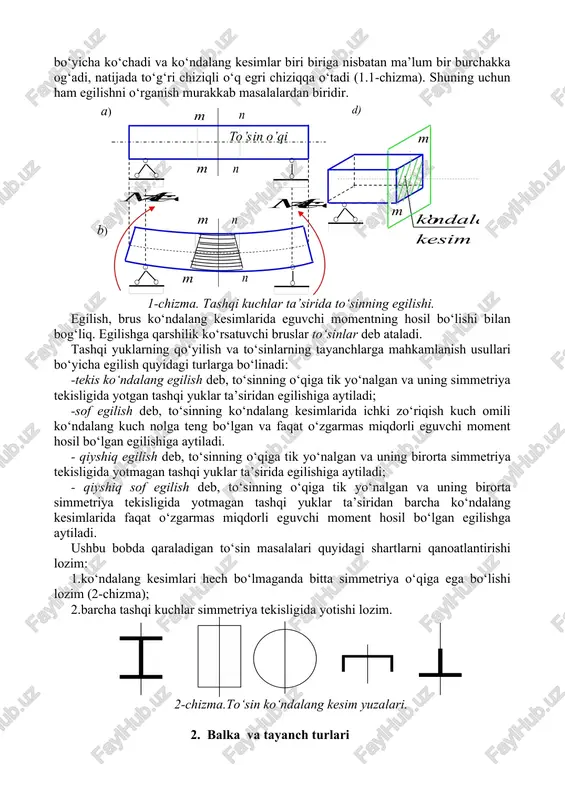 a sanoq chizig‘i pastki, perpendikulyar chiziqlar, shtrix, bog‘lanishning geometrik ma’nosi, urinma bilan abssissa o‘qi orasidagi burchak tangensi, noldan katta, o‘suvchi, kamayuvchi, tekis taqsimlangan kuchlar, uzunligi o‘rtasida maksimal qiymatga erishgan, kuch nolga teng, nol bo‘lgan nuqtadan, ishorasini musbatdan manfiyga, konsol, tekis taqsimlangan kuch qo‘yilmagan oraliqlarida, epyurasi abssissa o‘qiga parallel to‘g‘ri chiziq, epyurasi og‘ma to‘g‘ri chiziq. 1. to‘g‘ri brusning tekis egilishi to‘g‘ri o‘qli bruslarning markaziy cho‘zilishi, siqilishi va buralishida dastlabki to‘g‘ri o‘qi, deformatsiyadan keyin ham to‘g‘riligicha qolishi materiallar qarshiligi faning cho‘zilish (siqilish) va buralish boblaridan ma’lum. bu deformatsiyalar turlaridan farqli ravishda, bruslar egilganda ko‘ndalang kesim og‘irlik markazlarini tutashtiruvchi to‘g‘ri o‘q ustida yotgan barcha nuqtalar shu o‘qqa vertikal yo‘nalish bo‘yicha ko‘chadi va ko‘ndalang kesimlar biri biriga nisbatan ma’lum bir burchakka og‘adi, natijada to‘g‘ri chiziqli o‘q egri chiziqqa o‘tadi (1.1-chizma). shuning uchun ham egilishni o‘rganish murakkab masalalardan biridir. 1-chizma. tashqi kuchlar ta’sirida to‘sinning egilishi. egilish, brus ko‘ndalang kesimlarida eguvchi momentning hosil bo‘lishi bilan bog‘liq. …