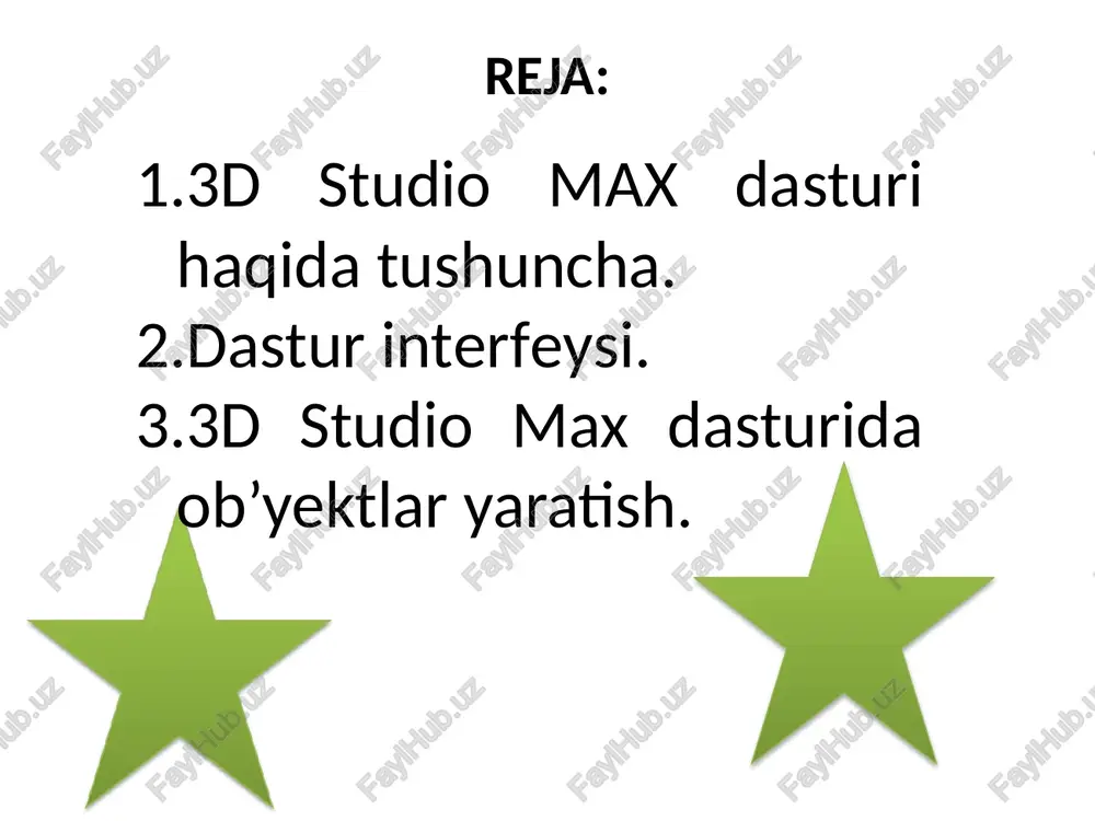 interfeysi. 1-rasm.3ds max dasturi oynasi. 3d studio max dasturida bosh menyu komandalarni ish sohasini menyusiga kirishga yo‘nalish beradi. menyuni ochish uchun alt klavishasini bosib kerakli simvolga bosiladi yoki menyuning o‘zidan sichqoncha orqali ham bajarish mumkin. hozir 3d studio max dasturining bir nechta menyularni ko‘rib chiqamiz: menyu file menyu file da bir nechta komandalar mavjud bo’lib, u o‘z ichiga quyidagilarni kiradi: new (klaviatura > ctrl+n) joriy sahnani mazmunini tozalaydi (tizim parametrlarini o‘zgartirmasdan). reset - hamma ma’lumotlarni tozalaydi. open (klaviatura > ctrl+o) - open file muloqot orqali max (fayl max) sahnasini qo‘yish. save (klaviatura > ctrl+s)- joriy sahnaga o‘zgarishlar kirgizadi (fayl max) oxirgi saqlangan sahnani qayta yozishi bilan. save as- boshqa fayl nomi bilan joriy sahnani saqlaydi. save selected -boshqa fayl nomi bilan tanlangan geometriyani sahna deb saqlaydi. xref objects – joriy sahnada ishtirok etgan ob’ektlar, lekin hiqiqatda tashqi max fayllari o‘tkazuvchisi hisoblanadi. merge - qo‘shilish, boshqa fayldan maxga joriy sahnaga ob’ektlarni …
