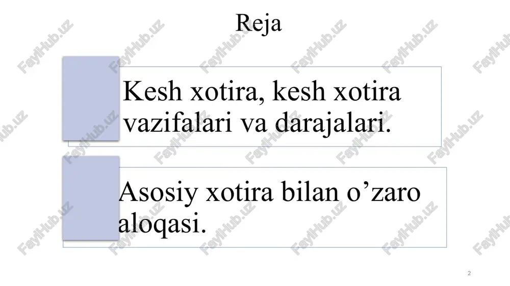 larini saqlash uchun mo’ljallangan komponentidir. asosiy xotira – tezkor xotira qurilmasi ham deb ataladi (random access memory – ram) (operativnoe zapominayushee ustroystvo - ozu yoki operativka deb ataladi). tezkor xotira qurilmasining ikki turi mavjud: 1. statik txq (static ram - sram). bu turdagi xotira d-triggerlar asosida quriladi. 2. dinamik txq (dynamic ram - dram). bu turdagi xotirani qurishda triggerlar ishlatilmaydi. dinamik txq – tranzistorlar va juda kichik kondensatorlardan qurilgan, yaycheykalar to’plamidan iborat bo’ladi. dinamik txqning bir necha xillari mavjud: - fpm (fast page mode) – tezkor sahifalar rejimiga ega dinamik xotira; - edo (extended data output) – ulanish nuqtalarining imkoniyatlari kengaytirilgan dinamik xotira; - dram, sdram (synchronous ram) – sinxron dinamik txqlari; - ddr (double data rate) – ma'lumotlarni ikki karra tez uzata oluvchi sdram. asosiy xotira – kompyuterning dasturlar va ma’lumotlarni saqlash uchun mo‘ljallangan komponentidir. xotira ma’lum bir uzunlikka ega bo‘lgan axborotlarni saqlovchi yacheykalardan iborat bo‘ladi. hozirgi kompyuterlarning xotirasi …
