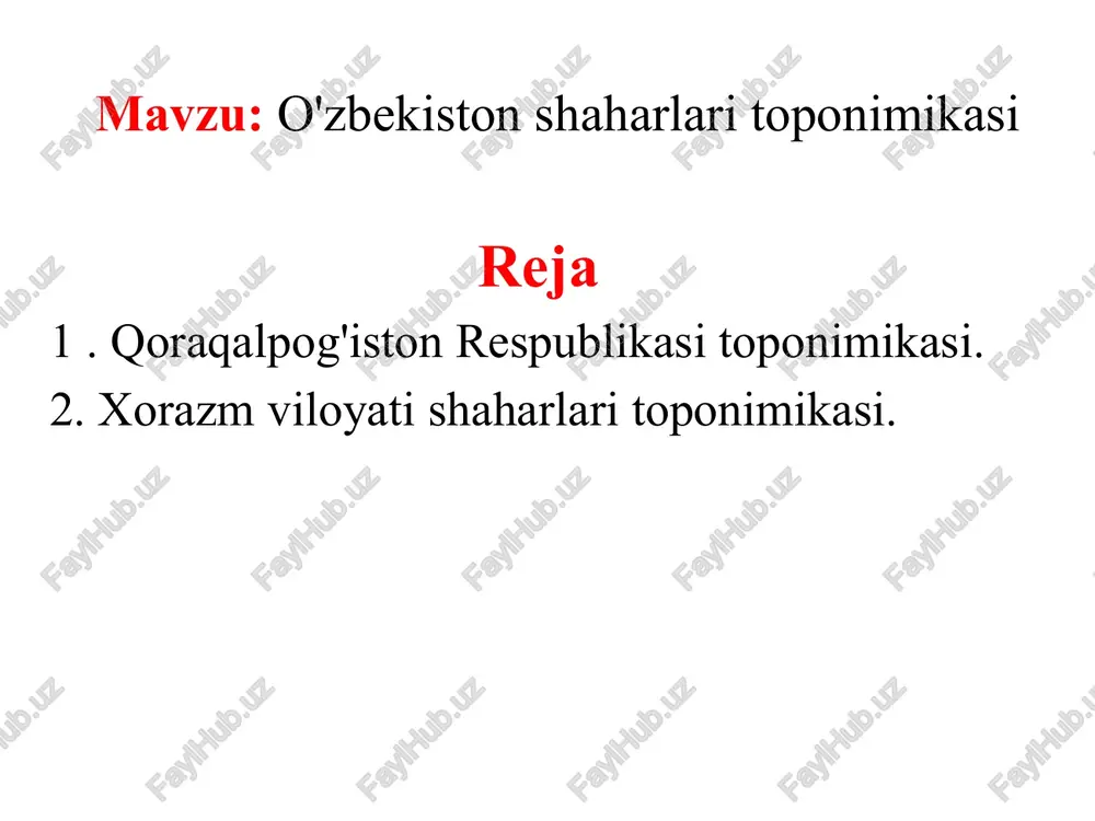 gan. xiv asrga oid ycvropa manbalarida urganch - vrgant shaklida tilga olinadi. hazorasp. hazorasp x - xi asrlardagi arab geograflari istahriy. ibn havqal, muqaddasiy asarlarida "mustahkam qal'a” deb tilga olingan. “hazorasp” toponimining kelib chiqishi yuzasidan ham turlicha qarashlar mavjud. tarixchi, tilshunos va toponomist olimlar yahyo g'ulomov, s. t. tolstov. f. abdullayev, o. madrahimov va boshqalaming ta'kidlashlaricha. “hazorasp” qadimgi xorazmiy tilida "ming ot”, ya'ni “hazor” - “ming”, “asp”- "ot” yoki ming otliq degan ma'noni bildiradi. o 'tm ishda olimlar bu shaharni "q al'ai sulaymon" deb ham ataganlar. tarixchi olim m. ishoqov taxminiga ko'ra, “xozorasp” atamasi “aturaspend” - "muqaddas olov manzili”, “otashdosh” ma'nolarini bildiradi. “xazorasp” toponomiyasiga oid afsona va rivoyatlar ham mavjud. ma'lumotlarga ko'ra, xazorasp xorazmning chekkasidagi himoya istehkomi bo'lib, bu yerda mingga yaqin otliq qo'shin xorazmga sharqdan kelishi ehtimolda tutilgan dushmanlardan muxofaza etgan. boshqa bir rivoyatga ko'ra. qal’ani bahaybat dev qurgan ekan. dev bu yerga suv ichgani keladigan 1000 ta qanotli …
