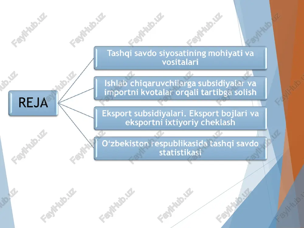 senziyalarni ishlab chiqarish hajmi jihatdan yirik boʻlgan firma va kompaniyalarga hech qanday shart va talablarsiz beradi 3. xarajat usuli – davlat litsenziyalarni yirik ishlab chiqarish quvvatlariga va resurslarga ega boʻlgan firma va kompaniyalarga beradi hozirgi vaqtda kvotalash bojlarga nisbatan koʻproq qoʻllanilishiga ikkita sabab bor: eksport subsidiyalari turli shakllarda qoʻllaniladi. bularga: eksportga bojlarni joriy qilish natijasida milliy ishlab chiqaruvchilar yoʻqotishga duch keladilar. tashqi bozordagi baholarga nisbatan ichki bahoning kamayishidan iste’molchilar yutuqqa erishsa, davlat esa daromadga ega boʻladi. ixtiyoriy ravishda eksportni cheklash eksport kvotalarining bir turi boʻlib, xorij mamlakatlarining ayrim mamlakatlarga “ixtiyoriy” eksport miqdorlarini cheklashdan iborat. bu yerda “ixtiyoriy soʻzi” shartli xarakterga ega. chunki, eksport qilayotgan mamlakat savdo siyosatida oʻz hamkorlari tomonidan birorta noxushlikka duch kelmasligi uchun eksport miqdorini cheklaydi. ixtiyoriy ravishda eksportni cheklash ikki xil xususiyatga ega: etiboringiz uchun raxmat yeoju technical institute in tashkent tashqi savdo siyosatining mohiyati va vositalari ishlab chiqaruvchilarga subsidiyalar va importni kvotalar orgali tartibga solish eksport …