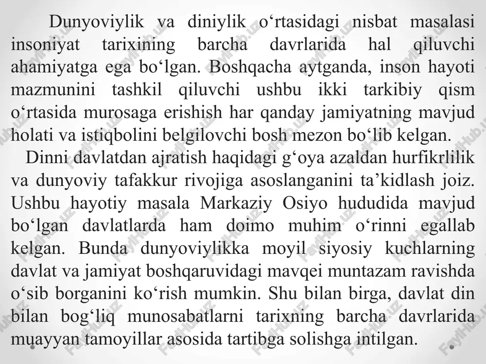 t birlashmalarning tuzilishiga yo‘l qo‘yilmasligi; – davlat diniy konfessiyalar o‘rtasida o‘zaro hurmat va hurmat o‘rnatishga ko‘maklashishi, adovatni oldirishga yo‘l qo‘ymasligi; – davlat ta’lim tizimiga diniy fanlarning kiritilmasligi; – barcha uchun dunyoviy ta’lim olish huquqining ta’minlanishi. sobiq ittifoq davrida buxoro shahridagi “mir arab” madrasasi va toshkent shahrida toshkent islom instituti faoliyat ko'rsatgan bo'lsa, istiqlolning dastlabki yillaridanoq fuqarolarning diniy ta'lim olishga bo'lgan ishtiyoqi tufayli o'nlab diniy ta'lim muassasalari o'zbekiston musulmonlari idorasi tasarrufida faoliyat ko'rsata boshladi. 1998 yildan diniy ta'lim muassasalari o'zbekiston respublikasi adliya vazirligi tomonidan qayta ro'yxatdan o'tkazilib, barcha madrasalar o'rta maxsus islom bilim yurti deb ataladigan bo'ldi. bugungi kunda respublikada 10 ta diniy ta’lim muassasasi toshkent islom instituti va 9 ta o‘rta maxsus islom bilim yurtlari (shundan 2 ta ayol-qizlar bilim yurti) faoliyat ko‘rsatib kelmoqda. mazkur diniy ta’lim muassasalarining ta’lim standartlari 2001 yildan boshlab umumta'lim fanlarini kasb-hunar kollejlari bilan bir xil shaklda o‘qitilishi joriy qilinib, o‘quv yurtlarida diniy va dunyoviy ta’limning …