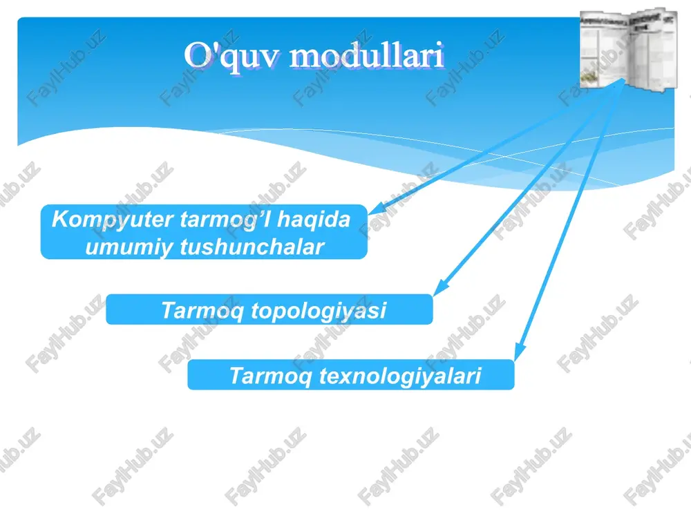 di. afzalliklari oson o'rnatish; qo'shimcha qurilmalarning yo'qligi; tarmoq intensiv ishlaganda uning turg'un ishlashi (tezlikni kamaytirmasdan). kamchiliklari bitta ish stantsiyasining ishdan chiqishi tarmoqning ishlashiga ta'sir etadi; murakkab konfiguratsiya va nastroyka; nosozliklarni qidirishning murakkabligi. tarmoq topologiyasi * yulduz — kompyuter tarmog'ining asosiy topologiyasi, unda barcha kompyuterlar markaziy tugunga (odatda tarmoq kontsentratori) ulangan. ular tarmoq segmentini tashkil etadi. afzalliklari bitta ish stantsiyasining ishdan chiqishi tarmoqning ishlashiga ta'sir etmaydi; tarmoqning yaxshi masshtablashtirilganligi; tarmoqdagi nosozliklarni oson qidirish; tarmoqning yuqori unumdorligi (agar to'g'ri loyiha qilingan bo'lsa); qulay administrlashtirish imkoniyatlari. kamchiliklari markaziy kontsentratorning ishdan chiqishi butun tarmoqning (yoki segmentning) ishdan chiqishiga olib keladi; tarmoqni montaj qilishda boshqa topologiyalarga qaraganda ko'proq kabel ketadi; tarmoqdagi (yoki segmentdagi) ishchi stantsiyalar soni markaziy kontsentratordagi portlar soni bilan chegaralangan. tarmoq topologiyasi * shina topologiyasi umumiy kabeldan iborat bo'lib (shina yoki magistral deb ataladigan), unga barcha ishchi stantsiyalar ulanadi. afzalliklari tarmoqni o'rnatishga kam vaqt ketadi; arzon (kam kabel va qurilmalar ketadi); oson nastroyka …