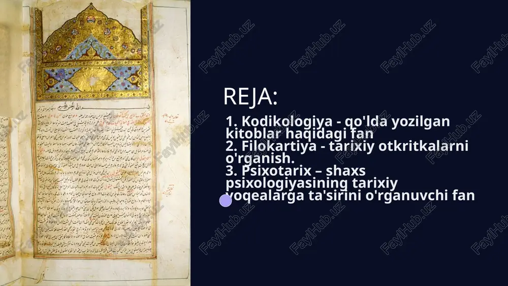 vnim materialom dlya naneseniya teksta bumaga material, shiroko ispolzuemiy v nastoyashee vremya dlya rukopisnix knig 7 protsess sozdaniya rukopisnix knig podgotovka materialov vibor i podgotovka pergamenta, papirusa ili bumagi dlya napisaniya teksta. napisanie teksta iskusstvo kalligrafii bilo vajnim navikom dlya rukopisnix knig. ukrashenie i dekorirovanie dobavlenie illyustratsiy, initsialov, miniatyur i ukrasheniy. 8 xranenie i konservatsiya rukopisey 1 osobie usloviya dlya soxraneniya rukopisey neobxodimi osobie usloviya xraneniya, takie kak temperatura i vlajnost. 2 kompleksnie meri protseduri kontrolya sostoyaniya i restavratsii, kotorie trebuyut spetsializirovannix znaniy. 9 ispolzovanie rukopisey v issledovaniyax 15 vekovaya istoriya rukopisi mogut soderjat informatsiyu, oxvativayushuyu sotni let istorii. 80% unikalnie dokumenti okolo 80% sushestvuyushego materiala – unikalnie dokumenti, kotorie ne bili opublikovani i izucheni. millioni ob'em materiala v mirovix arxivax xranitsya millioni rukopisey, ojidayushix svoego izucheniya i interpretatsii. 10 zaklyuchenie kodikologiya yavlyaetsya vajnim napravleniem issledovaniy, pozvolyayushim soxranit istoricheskoe nasledie chelovechestva i obogatit znaniya o proshlom. 11 filokartiya - izuchenie …