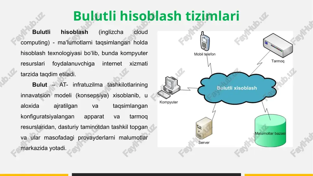 – at- infratuzilma tashkilotlarining innavatsion modeli (konsepsiya) xisoblanib, u aloxida ajratilgan va taqsimlangan konfiguratsiyalangan apparat va tarmoq resurslaridan, dasturiy taminotdan tashkil topgan va ular masofadagi provayderlarni malumotlar markazida yotadi. model yagona puldagi tarmoqdan qulay va bir vaqtning o’zida konfiguratsiyalangan xisoblash resurslaridan birgalikda foydalanish imkoniyatini yaratadi (misol uchun, tarmoqlar, serverlar, malumotlar bazasi, ilovalar va servislar) shu bilan birga minimal boshqarishda xam oparativ va erkin ishlash imkoniyatini taqdim etadi. bulutning bu modeli 5 ta asosiy xarakteristika, 3 ta servis model va 4 ta taqdimlash modellaridan iborat. 2 bulutli hisoblash tizimlarining xususiyatlari ularni, boshqa turdagi hisoblashlardan farqlash (internet resurslaridan). 1.talab bo’yicha o’z o’ziga xizmat ko’rsatish. foydalanuvchi server vaqtini, malumotlar saqlash ombori xajmini, zarur bo’lganda avtomatik tarizda, xizmat ko’rsatayotgan provayder bilan o’zaro bog’liq bo’lmagan xolda, xisoblash kuchini mustaqil tarizda aniqlash va o’zgartirish mumkin. 2.tarmoqdan keng holda foydalana olish. hisoblash kuchi imkoniyatlari tarmoqda standart mexanizimlar orqali katta masofada foydalana olish mumkin. xar - hil turdagi …