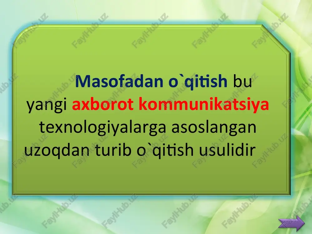 u bo’yicha o’zaro muxokamaga kirishadilar va matnli axborot almashadilar. u o’zlashtitrish, tarbiyalash va nazorat qilish funksiyalarini bajaradi. seminar ko’pincha videokonferensiya va kabel studiyalari yordamida tashkil etiladi. video konferensiya vidio konferensiyalar kompyutae, telefon orqali amalga oshiriladi. bunda bir shaxardagi talaba boshqa bir shaxardagi o’qituvchi yoki talaba bilan jonli muloqot qilishi mumkun. buning uchun maxsus video va multimediya qurilmalar bilan birga maxsus dasturiy taminot lardan foydalaniladi. konsultatsiyalar maslaxatlar o’quv mashg’ulotlar o’tkazishning bir turi xisoblanib, u talabaning o’z ustida ishlashini boshqarish shaklini va o’quv materiallari asosida ularga yordam berishni qamrab oladi. bunda o’qituvchilar va konsultatsiya oluvchi talabalar o’rtasida maqsadga yo’naltirilgan axborotlar almashinuvi amalga oshiriladi. nazorat tizimi masofaviy o’qitish texnologiyalar qo’llanilgan xolda talabalarning bilimlari baxolash va ularning bilish xamda idrok etish darajasini abyektiv aniqlash muxim masala xisoblanadi. shunda bilimlar sifati ustidan xolis va ko’p mezonli nazorati amalga oshirish mumkun bo’ladi. bu mt dan kutiladigan samaradorlikni belgilaydi. birlamchi model ikkilamchi model aralash model konsorsium model …