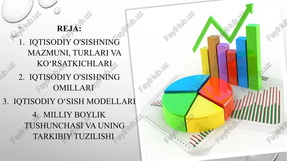 a, u ma'lum bir mamlakatning iqtisodiy salomatligini aks ettiruvchi ko'rsatkichlar kartasi sifatida ishlaydi. iqtisodiy o'sish sur’atining ahamiyatini iqtisodchilar tomonidan qo'llaniluvchi «70 qoidasi» yordamida ham ochib berish mumkin. ekstensiv iqtisodiy o‘sishga ishlab chiqarishning avvalgi texnikaviy asosi saqlanib qolgan holda ishlab chiqarish omillari miqdorining ko'payishi tufayli erishiladi. iqtisodiy o‘sishning intensiv turi sharoitida mahsulot chiqarish miqyoslarini kengaytirishga ishlab chiqarish omillarini sifat jihatidan takomillashtirish, yanada ilg'or ishlab chiqarish vositalarini va yangi texnikani qo'llash, ishchi kuchi malakasini oshirish, shuningdek, mavjud ishlab chiqarish potensialidan yaxshiroq foydalanish yo'li bilan erishiladi. makroiqtisodiy darajada iqtisodiy o'sishning asosiy ko'rsatkichlari quyidagilar hisoblanadi: yaim va milliy daromadning mutloq hajmi va uning o'sish sur'ati; 2) yaim va milliy daromadning aholi jon bosh hisobiga to'g'ri keladigan miqdori va uning o'sish sur’ati; 3) yaim va milliy daromadning iqtisodiy resurs xarajatlari birligi hisobiga to'g'ri keladigan miqdori va uning o'sish sur’ati. ishlab chiqaruvchi kuchlar darajasi quyidagi ko'rsatkichlar bilan tavsiflanadi: ishlab chiqarish vositalarining rivojlanganlik darajasi; b) xodimning malakasi …