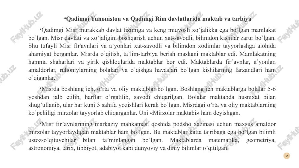 azorat juda qattiq bo’lgan. etarli qobiliyatli va tirishqoq bo’lmagan o’quvchilar jazolangan. maktab qoshida «xivich bilan savalovchi» maxsus nazoratchi bo’lgan. o’qituvchilar o’quvchilarni qunt bilan o’qishga undaganlar. yunoniston unchalik katta bo’lmagan quldorlik davlatlaridan iborat bo’lgan. uning katta shaharlaridan biri lakoniya (poytaxti sparta) va attika (poytaxti afina) bo’lib, bu shaharlar madaniyat markazi xisoblangan. bu ikki shaharda tarbiyaning o’ziga xos tizimi vujudga keldiki, natijada bu tarbiya tizimi «sparta» va «afina» usulidagi tarbiya deb yuritiladigan bo’ldi. lekin bu ikki shaharning iqtisodiy, siyosiy taraqqiyoti, madaniyat darajasi turlicha edi. shuning uchun ular bir-biridan tubdan farq qilar edi. ammo ikkala davlatda ham quldorlik tuzumi xukmronlik qilar edi. shuning uchun ham bu davlatlarda ijtimoiy tarbiya tizimi quldorlarning bolalarini manfaatini ko’zlar edi. 3 yunonistonda qullarni «gapiradigan ish quroli» deb hisoblar edilar. qullar oddiy insoniy xuquqlardan ham mahrum edilar. spartada dexqonchilik yaxshi rivojlangan bo’lib, bu qullar mexnati evaziga asoslangan edi. spartada qullar shafqatsiz ta’qib ostiga olinar edi. shu sababli ular tez-tez …