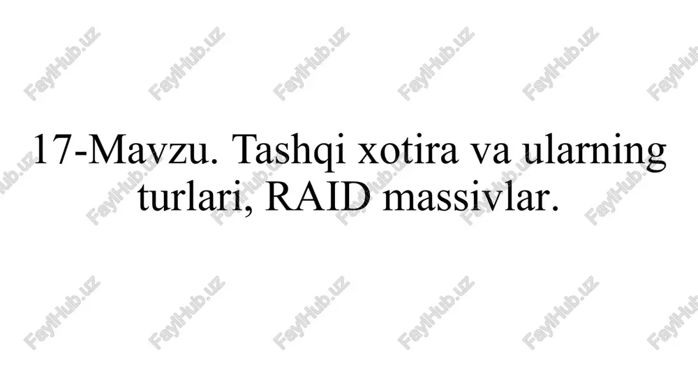 - describes a group of disks with a magnetic coating and rotating at high speed . qattiq magnitli disklar (vinchestr) zamonaviy kompyuterlarning ajralmas qismi hisoblanadigan vinchestr (hdd – hard disk drive) – o’zida magnit qoplamali va yuqori tezlikda aylanadigan disklar guruhini tavsiflaydi. 15 winchester size : up to rotation period ( frequency ): 7200 ay / min , 1000 0 ay / min connection : ide, sata external winches qmd = solid magnetic disk hdd = hard disk drive 16 vinchestrlar hajmi: 4 tbaytgacha aylanish davri (chastotasi) : 7200 ay/min, 10000 ay/min ulanish: ide, sata tashqi vinchestrlar qmd = qattiq magnitli disk hdd = hard disk drive hard magnetic disk qattiq magnitli disk first solid disk carriers in 1955 functional out _ 50 discs with a diameter of 24 inches consists of carrier size 5 mbytes rotate _ _ speed 1200 rpm . _ _ carrier size modern two two …