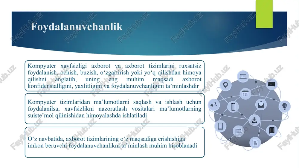 qolmaslik shartini ko‘rsatadi taqdim etilayotgan xizmatlarning kafolati: xizmatlar, shuningdek, tizimlar ham har doim mavjud bo‘lishi kerak ma’liumotlar xavfsizligi: infrastruktura tarkibidagi ma’lumotlar yaxlitligi, undagi jarayonlar va xodimlar ishlamay qolgan taqdirda ham ta’minlanishi shart zaxira nusxalash hozirgi kunda ma’lumotlarning yo‘qolishi tashkilotlar uchun asosiy xavfsizlik muammolaridan biri bo‘lib, buning natijasida tashkilot katta zarar ko‘rishi mumkin. shuning uchun, tashkilotdan muhim ma’lumotlarni muntazam zaxira nusxalab borish talab etiladi ma’lumotlarni zaxira nusxalash - muhim ma’lumotlarni nusxalash yoki saqlash jarayoni bo‘lib, ma’lumot yo‘qolgan vaqtda qayta tiklash imkoniyatini beradi. ma’lumotlarni zaxira nusxalashdan asosiy maqsad quyidagilar: zarar yetkazilganidan so‘ng tizimni normal ish holatiga qaytarish; tizimda saqlanuvchi muhim ma’lumotlarni yo‘qolganidan so‘ng uni qayta tiklash. ma’lumotlarni yo‘qolishiga sabablar inson xatosi qasddan yoki tasodifan ma’lumotlarning o‘chirib yuborilishi, ma’lumotlarni saqlash vositasini to‘g‘ri joylashtirilmaganligi yoki ma’lumotlar bazasini xatolik bilan boshqarilganligi g‘arazli hatti-harakatlar tashkilotdagi muhim ma’lumotlarning modifikatsiyalanishi yoki o‘g‘irlanishi tabiiy sabablar zilzila, yong‘in, toshqin, sunami va hakazo. energiyaning o‘chishi, dasturiy ta’minotning tasodifiy o‘zgarishi yoki qurilmaning …