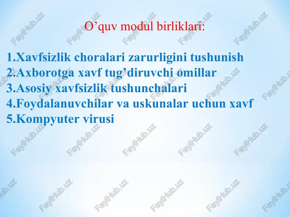 larida shaxsiy axborotlarni topish spufing: yolg'on ulanish sahifasi orqali parolni o'g'irlash * 14a-* asosiy xavfsizlik tushunchalari zarar darajalari mumkin bo’lgan zarar keltirish darajasi tizimning barcha qismlari kiradi axborotlarni yo’qotish xavfi xususiy axborotni yo’qotish apparat vositalaridan foydalanish mumkin emasligi dasturiy ta'minotdan foydalanish mumkin emasligi intellektual mulk – kashfiyotchilar, mualliflar va rassomlar tomonidan yaratiladigan mahsulot. bular g'oyalar yoki g'oyalar to'plami intellektual mulk huquqi. kashfiyotlar, asarlar va san'at ishlari yaratuvchilariga beriladigan egalik huquqlari mualliflik huquqi muallifga yoki rassomga nusxa olish, e'lon qilish va uning materialini sotishga alohida mualliflik huquqini beradi mualliflik huquqining buzilishi – manfaatdor shaxsdan ruxsat olmasdan mualliflik huquqi bilan qo'riqlanadigan manbadan materialdan foydalanish harakatlari * 14a-* xavfsizlik choralari oldini oluvchi choralar xavfni yo’qotish uchun amalga oshirilgan xarakatlar ma'lumotlarni o’g’irlashdan himoyalash tizimni o’g’irlashdan himoyalash * * o'qitish uchun maslahatlar hech bir qarshilik harakatlari butun davrga 100% ga samarali bo'lmasligini ta'kidlash muhim. dalil sifatida eshigi qulf mashina o'g'irlab ketilishi holatini muhokama qiling. haqiqatda …